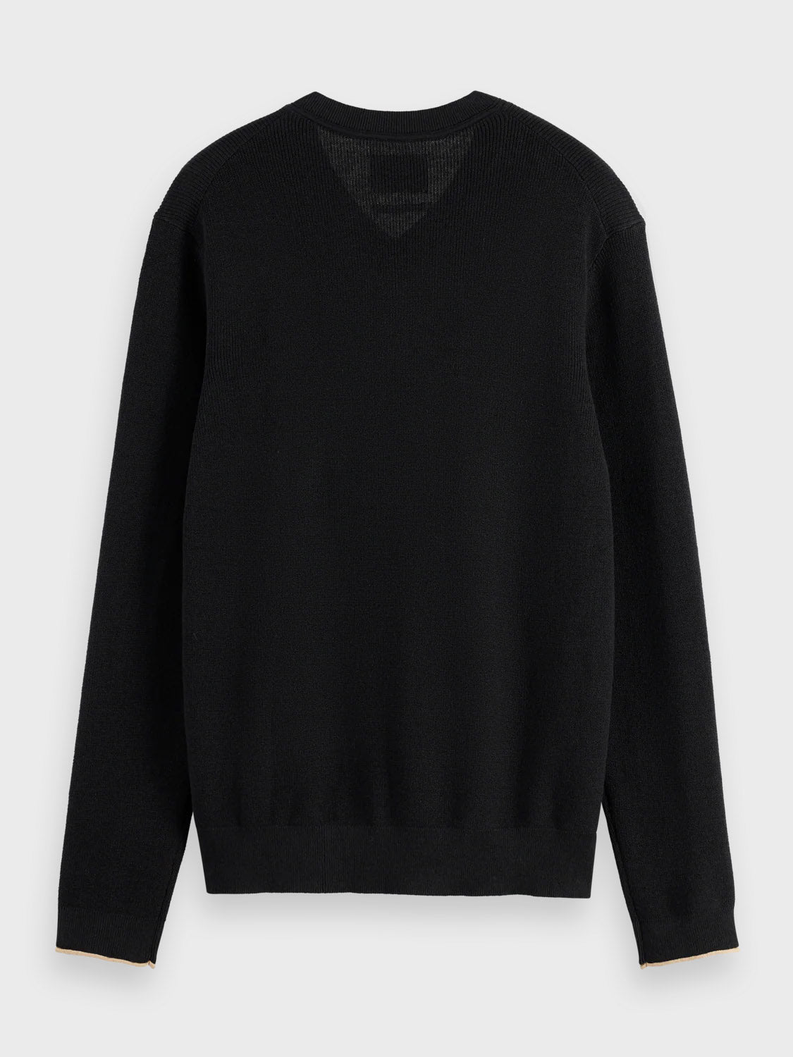 The Scotch & Soda 181773 Cotton Linen V-Neck Pullover is shown laid flat, viewed from the back, featuring a simple v-neckline and minimal detailing with a mid-length cut for versatile styling.