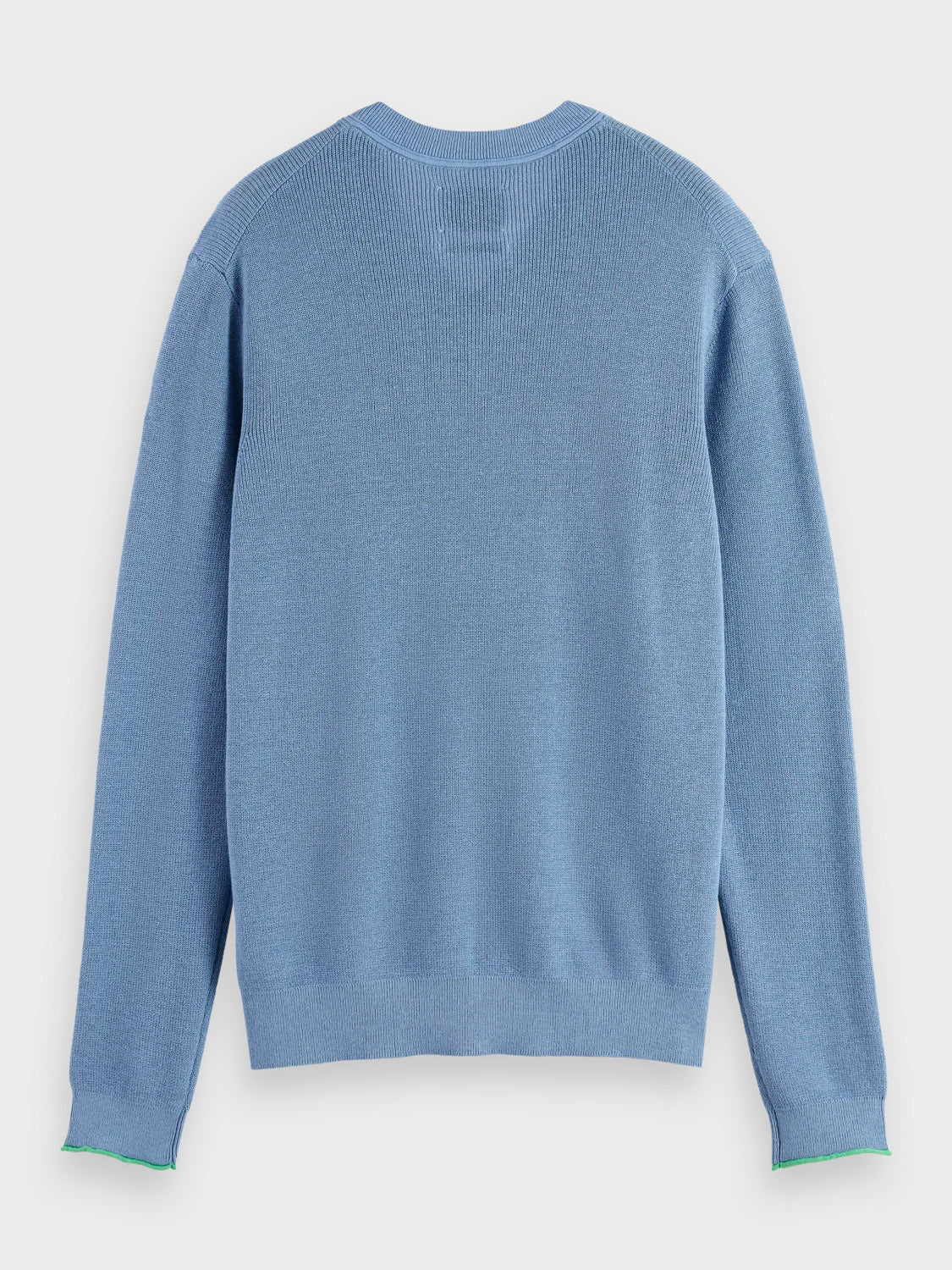 The Scotch & Soda 181773 Cotton Linen V-Neck Pullover in light blue is shown from the back, featuring long sleeves, ribbed collar, cuffs, and hem, a mid-length fit, and green stitching detail at one sleeve.
