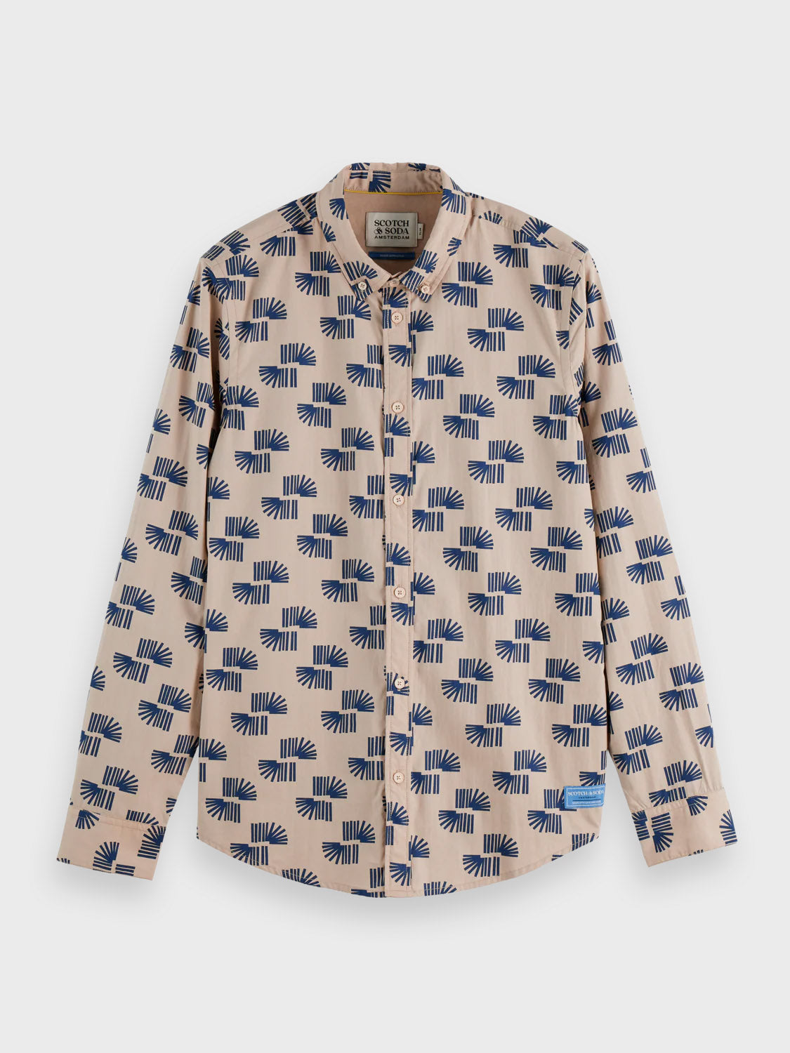 The Scotch & Soda 181804 Slim Fit Micro All-Over Printed Shirt is a long-sleeve, collarless, beige oxford shirt with blue geometric pattern, 100% cotton, and features a label inside the collar. Shirt shown flat on a white background.