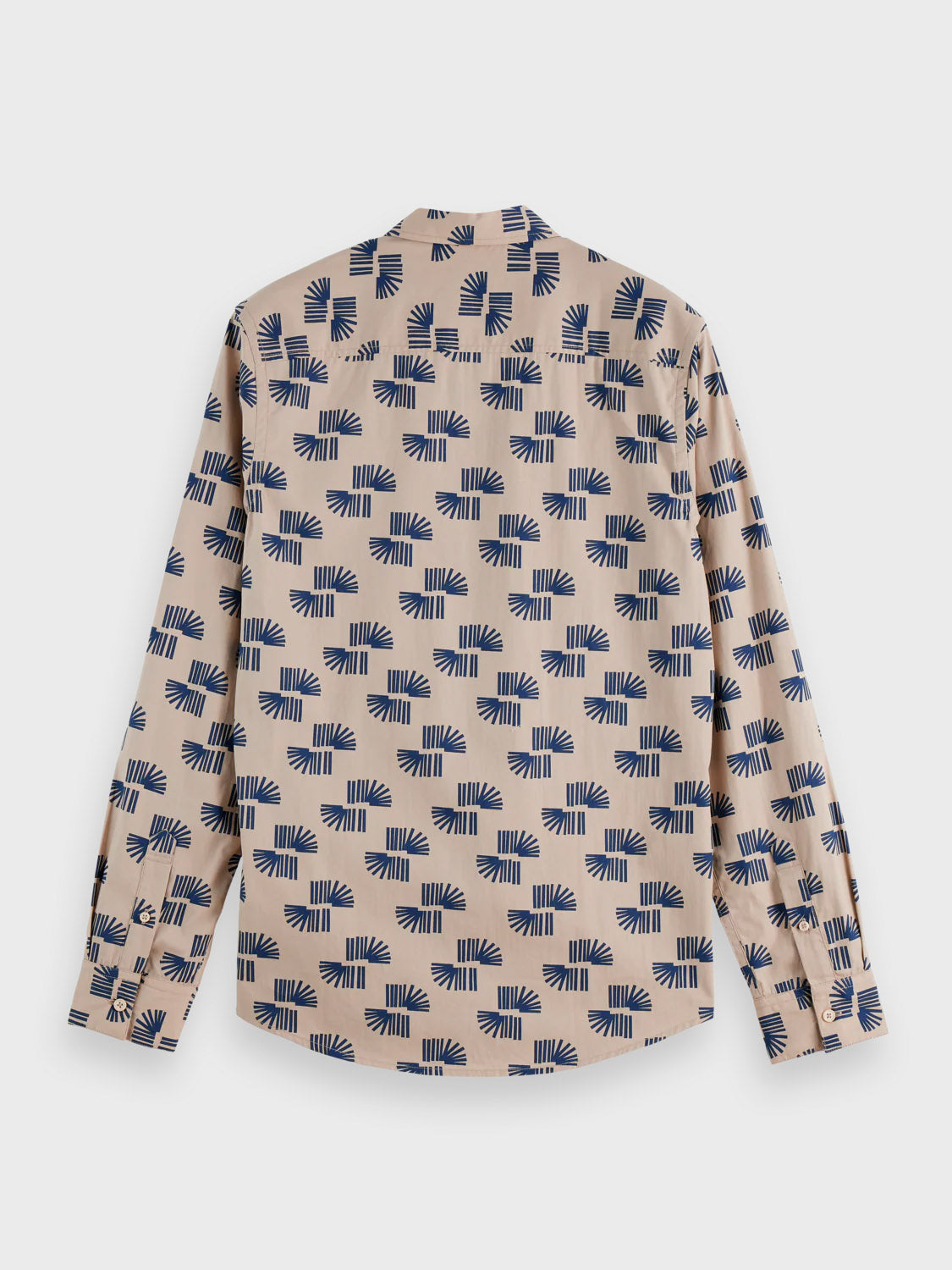 The Scotch & Soda 181804 Slim Fit Micro All-Over Printed Shirt in beige, featuring a navy blue geometric pattern and long sleeves, is shown from the back against a plain white background.