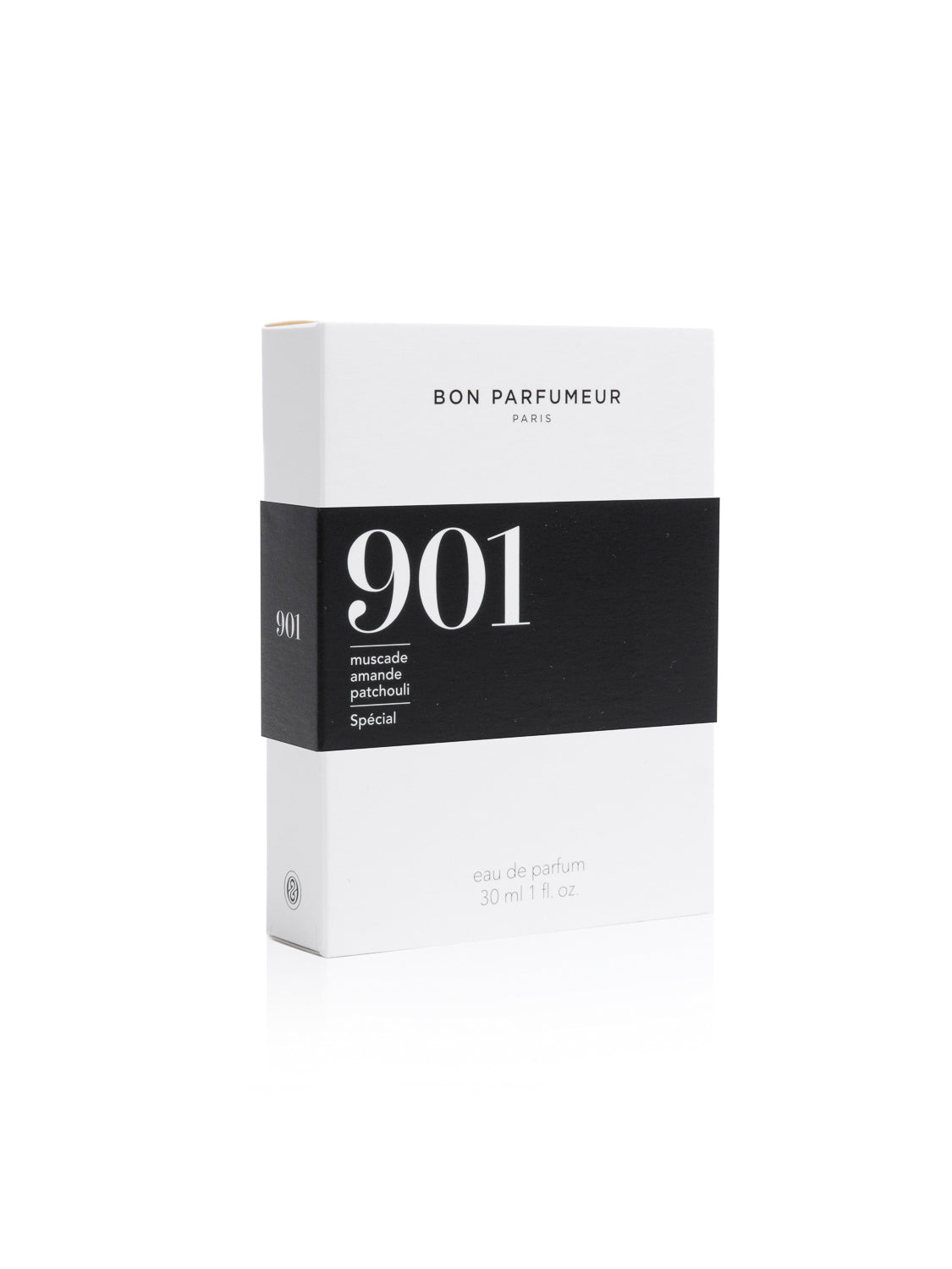 Bon Parfumeur - 901 eau de parfum from Paris comes in elegant white and black packaging featuring a label with muscade, amandier, patchouli, and black pepper. Its simple design and distinctive black band hold 30 ml (1 fl oz).