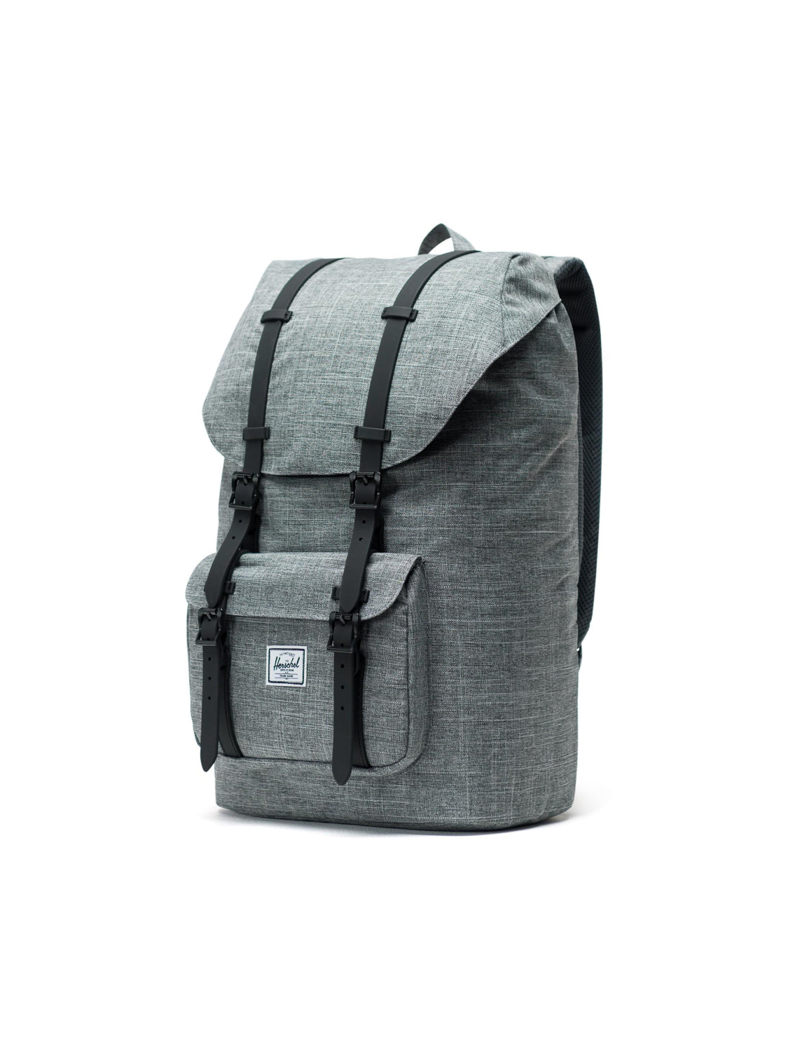 The Herschel Little America Iconic Backpack is shown in light gray with a flap secured by black buckle straps, a front pocket with a white label, padded shoulder straps, and a laptop sleeve, all against a plain white background.