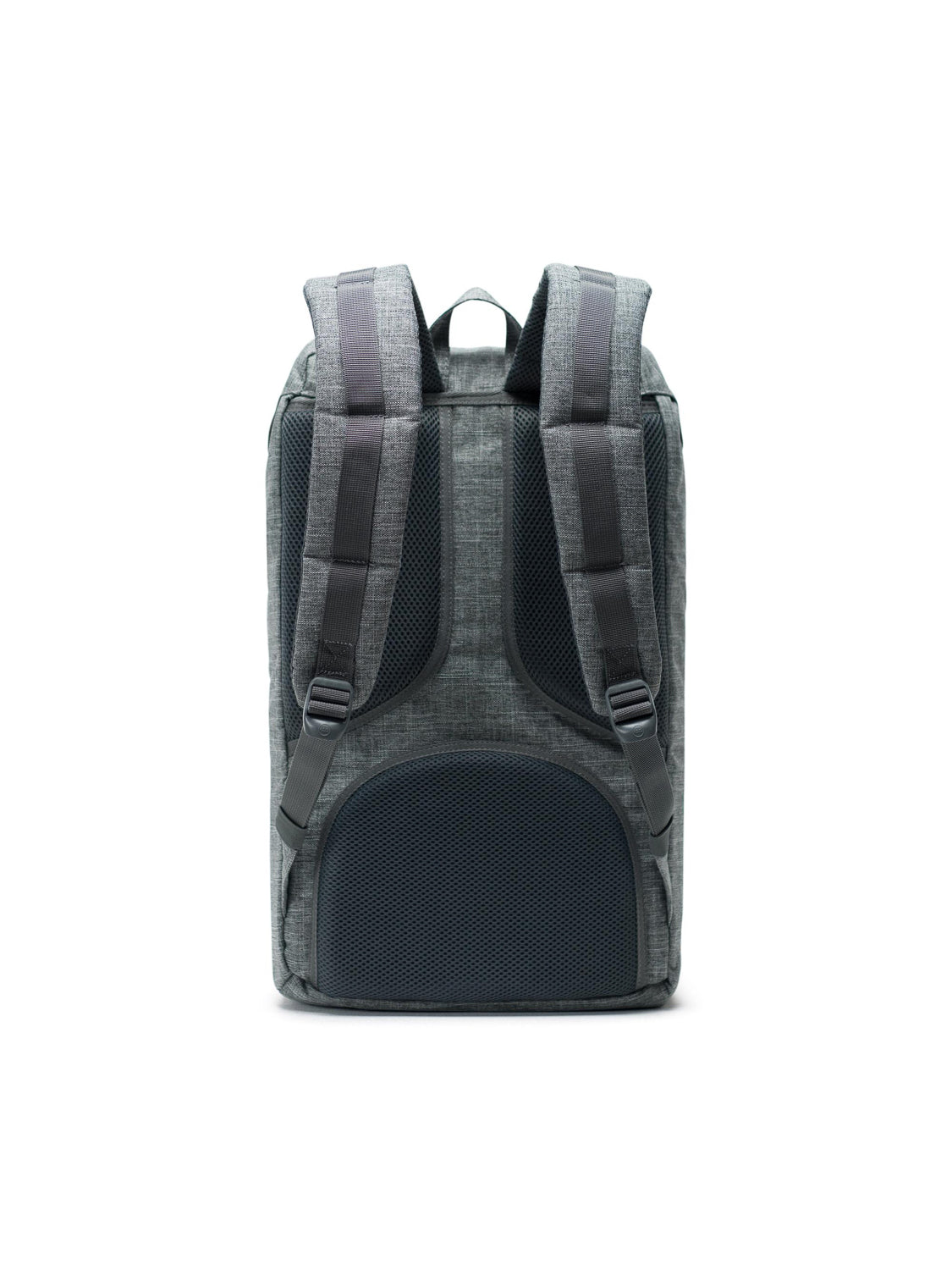 The Herschel Little America Iconic Backpack in grey is shown from the back, featuring padded adjustable shoulder straps, mesh padding for comfort, a laptop sleeve, and a textured fabric design. The backpack is centered on a plain white background.