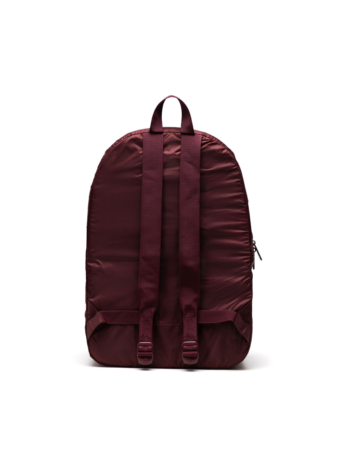 The Herschel Packable Daypack by Herschel is shown from the back in maroon, featuring ripstop fabric, adjustable shoulder straps, a top handle, and a minimalist design against a white background.