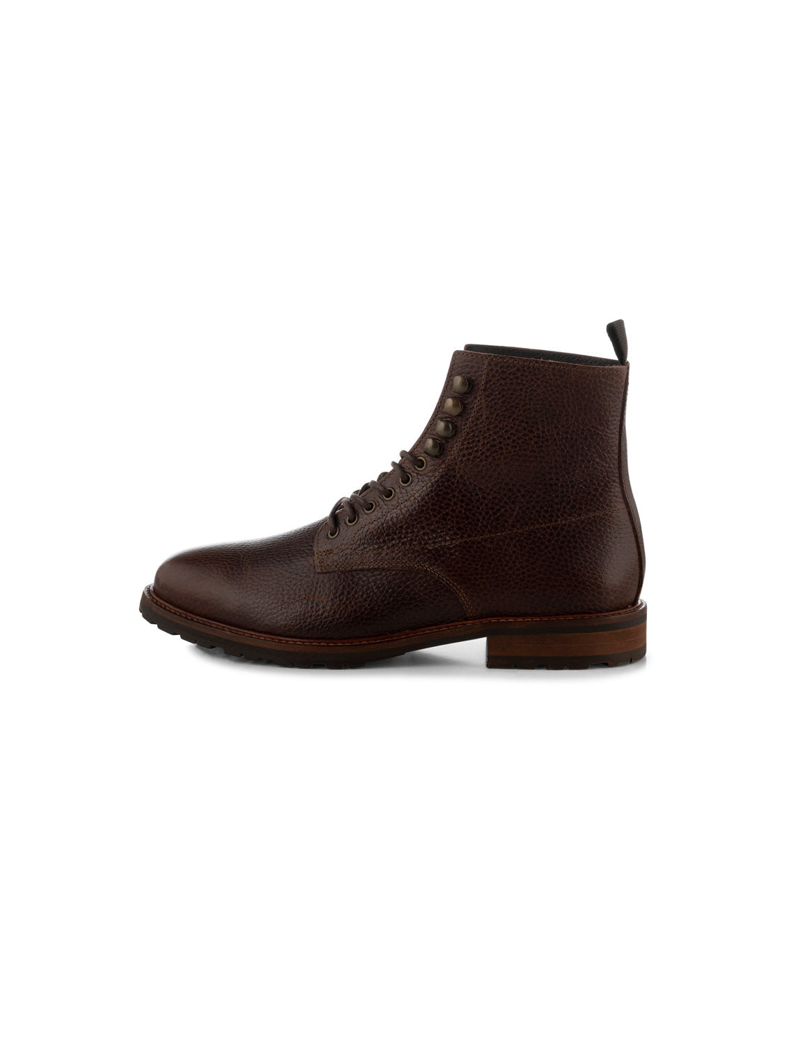 The York Lace Up Leather Boot by Shoe The Bear is a single dark brown leather ankle-high boot with a textured surface, metal eyelets, dark laces, and a short heel. Handcrafted in Portugal using LWG-certified leather, it features a pull tab at the back, set against a plain white backdrop.