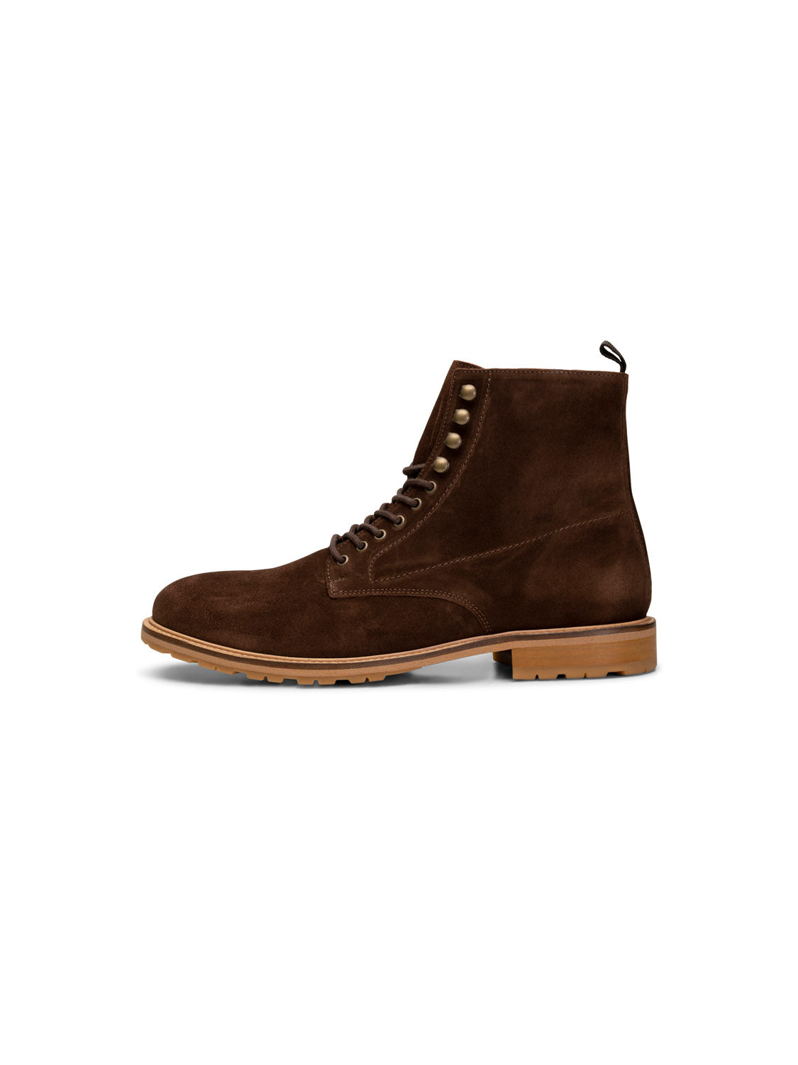 The York Suede Lace Up Boot by Shoe The Bear, handcrafted in Portugal, boasts a brown LWG-certified suede finish with several eyelets. It offers a flat sole and a back pull tab for easy wear, all set against a white background to highlight its quality craftsmanship.