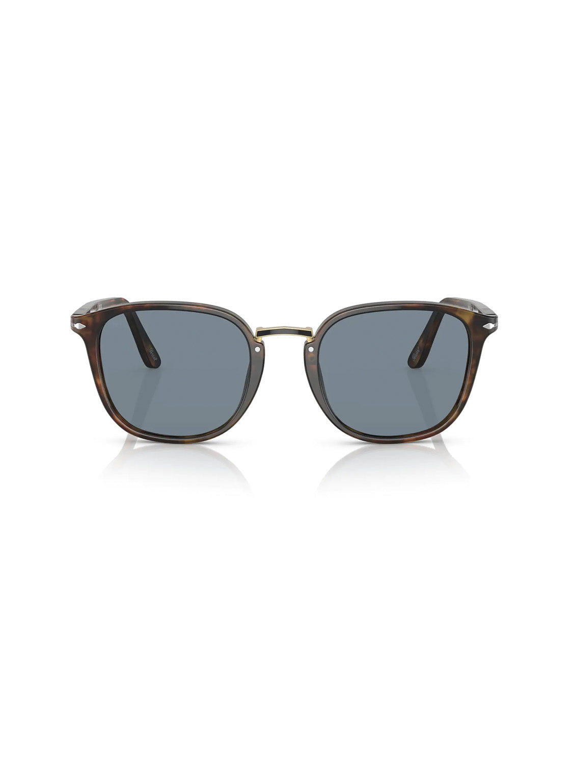 The Persol PO3186 sunglasses feature a brown tortoiseshell acetate frame, square design, dark lenses, and a slim gold bridge by Persol, shown on a white background.
