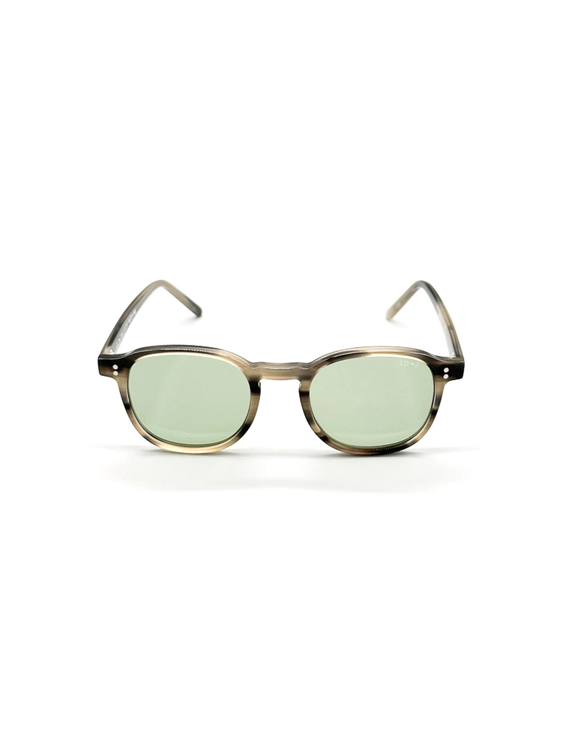 Front view of A144C36LG ID Polarized Sunglasses by ID Menswear, featuring round light green lenses, a translucent brownish Mazzucchelli Acetate frame, and UV400 protection, displayed on a white background.