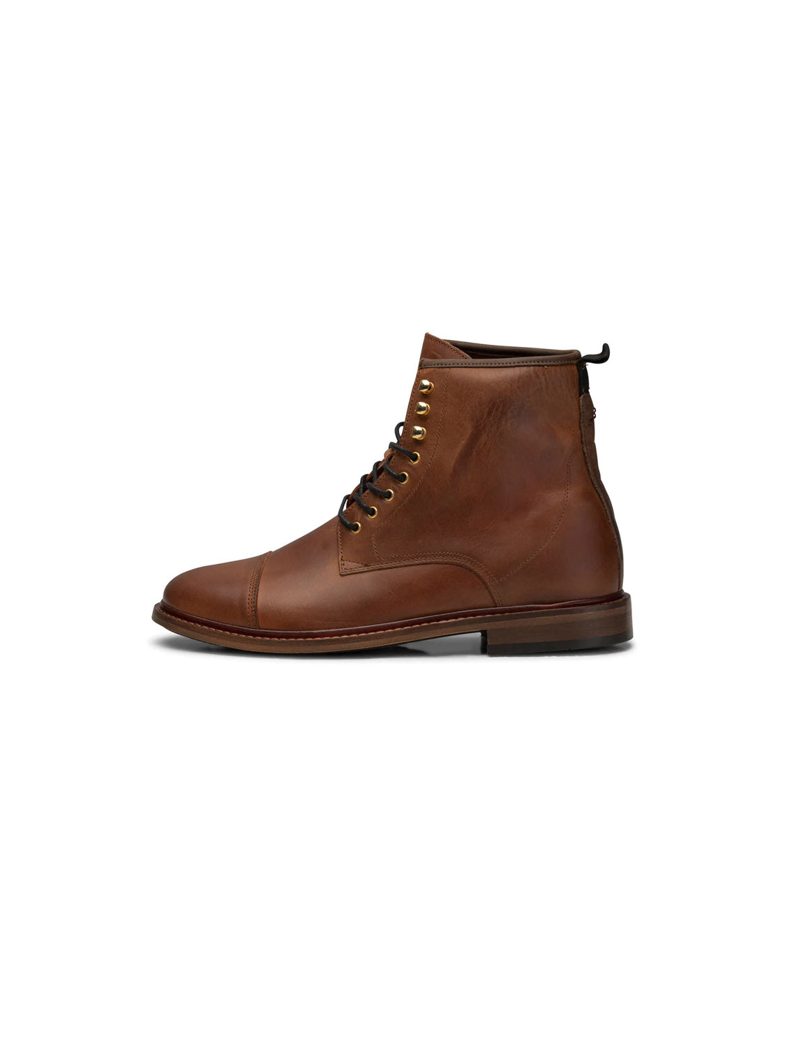 The Curtis Hand Crafted Lace-Up Leather Boot by Shoe The Bear, made in Portugal, features a brown leather design with a cap toe, polished finish, metal eyelets, and a back pull tab against a plain white background.