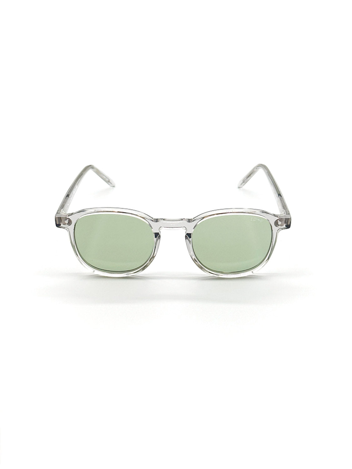 The A144C3LG ID Polarized Sunglasses by ID Menswear feature clear frames, light green tinted CR39 polarized lenses, and UV400 protection, shown facing forward on a plain white background.