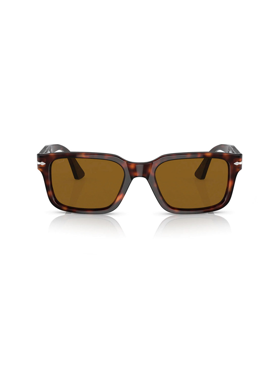 The Persol PO3272 square sunglasses feature a chic D-frame design with tortoiseshell frames and brown lenses on a white background, offering enhanced comfort and flexibility with the signature Meflecto system.