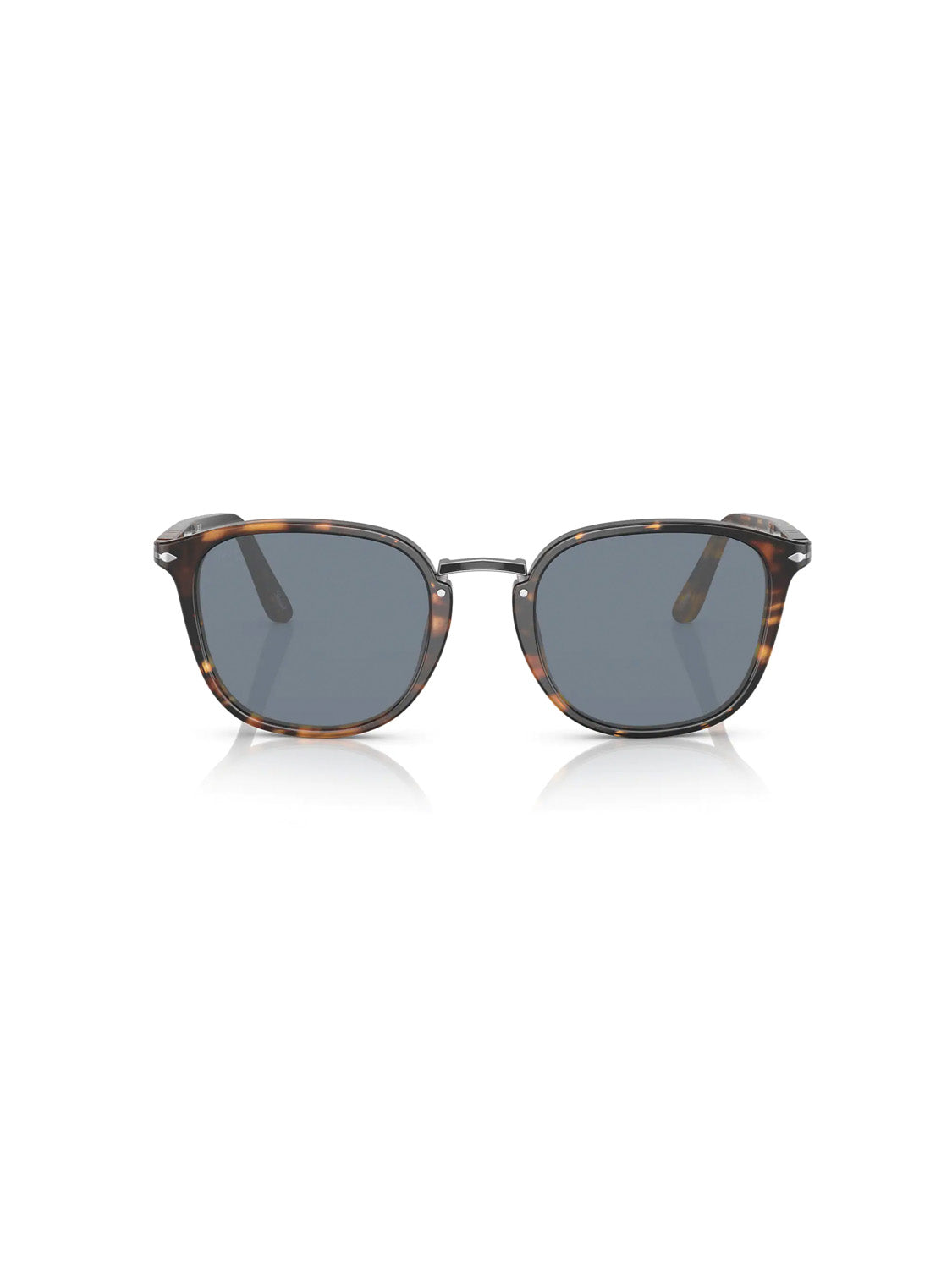 The Persol - PO3186 sunglasses feature square frames with dark lenses and a tortoiseshell pattern made from Crystal Lens Acetate. Their curved arms and Meflecto system provide comfort, all showcased on a clean white background.