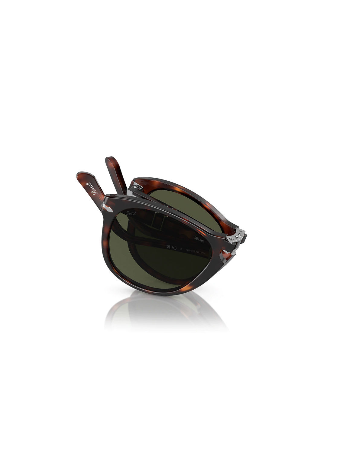 A pair of Persol - PO714 sunglasses with stylish tortoiseshell acetate frames and dark lenses, partially folded, their glossy finish reflecting light against a plain white background.