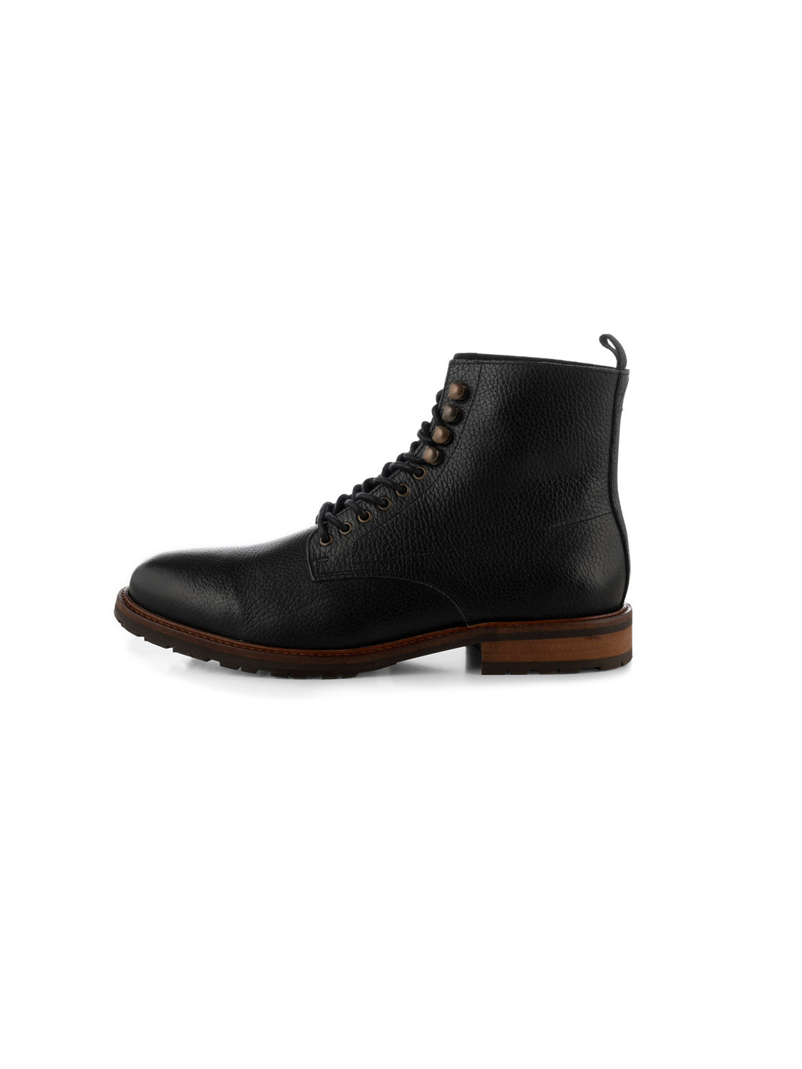 The York Lace Up Leather Boot by Shoe The Bear is a black leather ankle boot handcrafted in Portugal, featuring a lace-up design, textured finish, brown sole, metal eyelets, and a pull tab. Displayed stylishly on a white background.