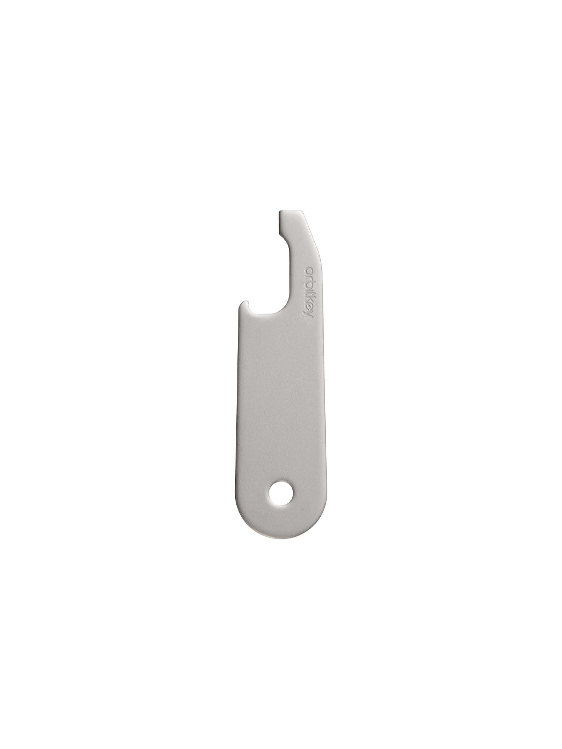 The Orbitkey Stainless Steel Bottle Opener is a gray, rectangular tool featuring a keycap-inscribed design with an open slot for removing keycaps and doubling as a bottle opener. Its slim form factor enhances versatility, set against a crisp white background.