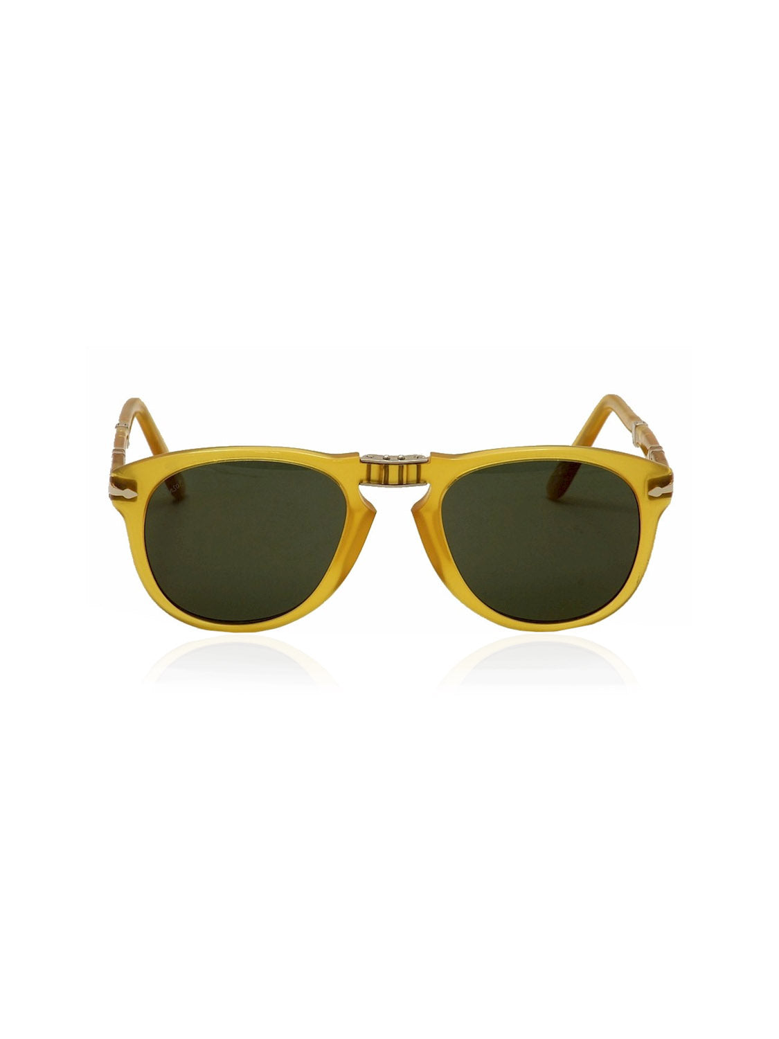 Persol PO714 sunglasses by Persol, featuring yellow acetate frames and dark green lenses, displayed front-facing on a white background. Made in Italy.