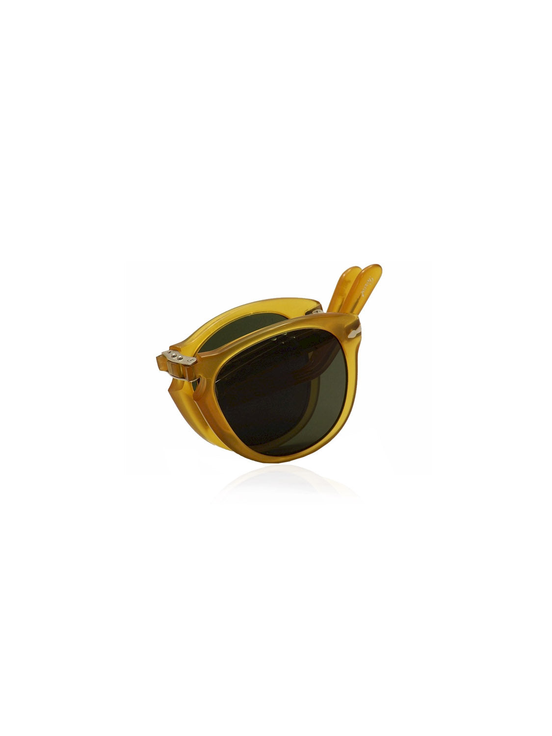 The Persol PO714 by Persol features yellow folding glasses with a sleek acetate frame, folded in half with arms crossed over dark lenses, set against a plain white background.