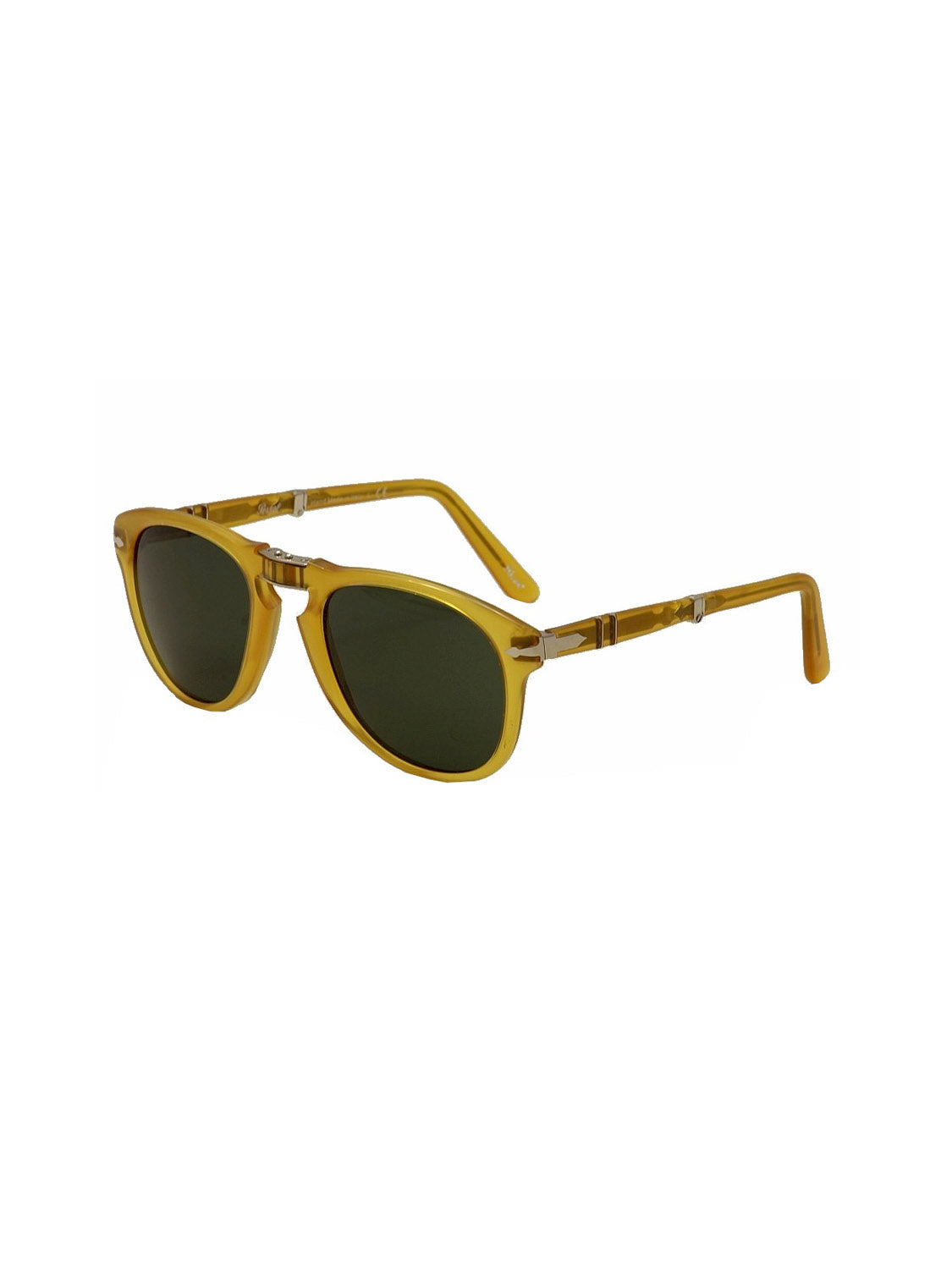 The Persol PO714 sunglasses by Persol feature a yellow acetate frame, dark green lenses, and metal hinges, displayed at an angle on a white background.