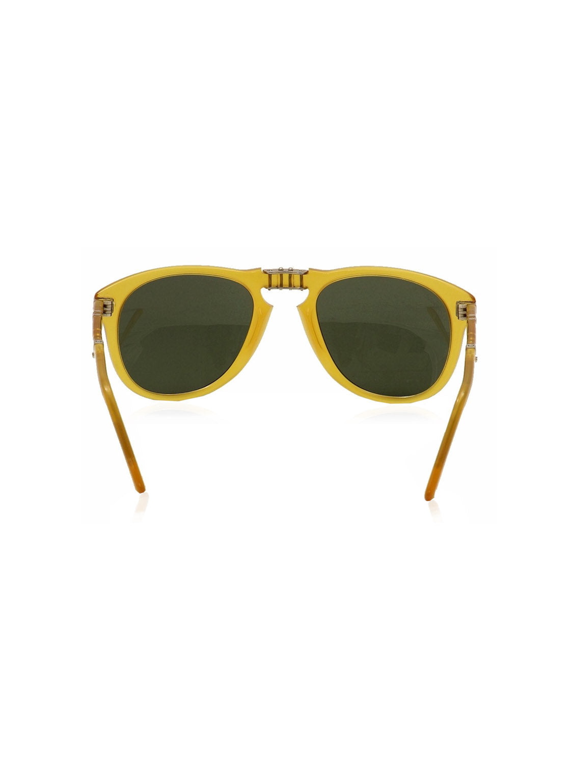 Persol PO714 sunglasses by Persol feature a translucent yellow acetate double bridge frame, dark lenses, and straight yellow temples. Shown facing forward against a white background and expertly crafted in Italy for quality.