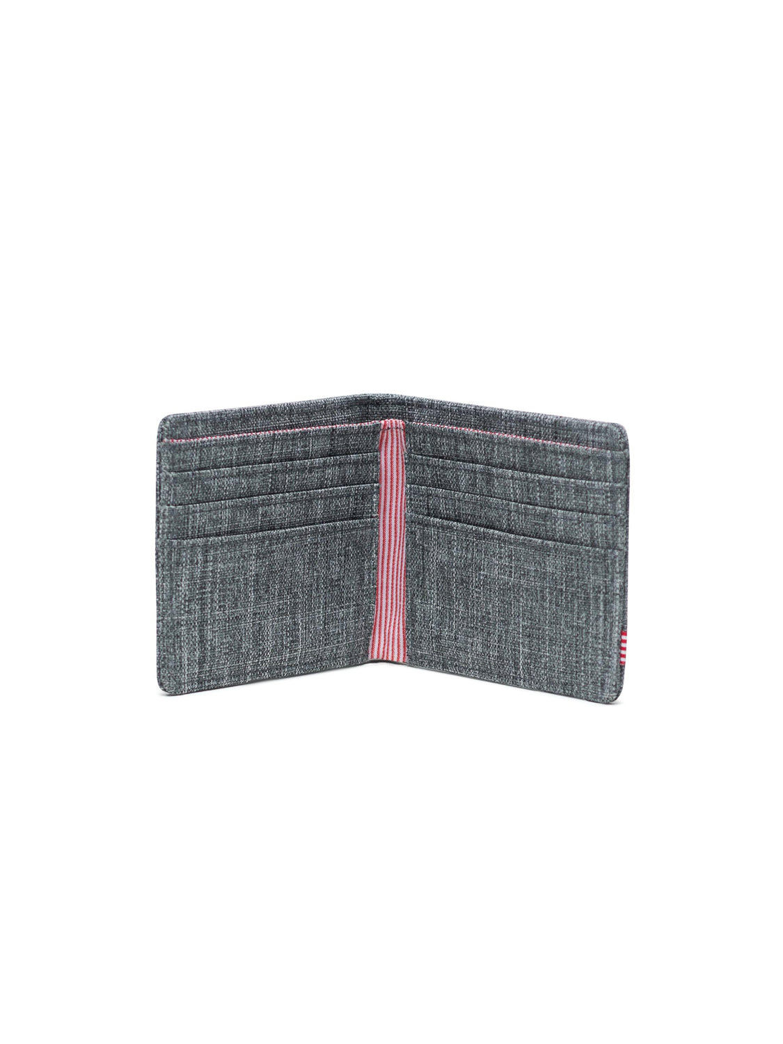 The Herschel Roy Classic Folded Wallet in gray is open, showing several card slots and a bill compartment. Red and white striped accents line the center edges inside, all set against a plain white background.