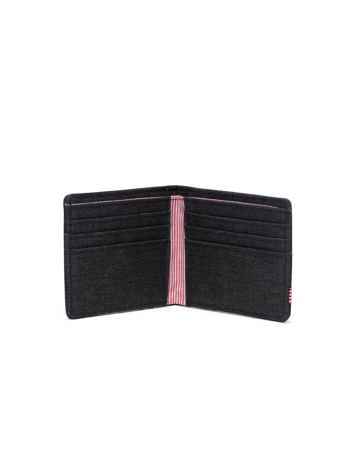 The Herschel Roy Classic Folded Wallet in black features multiple card slots on both sides and a striking red and white striped center accent, shown against a white background.