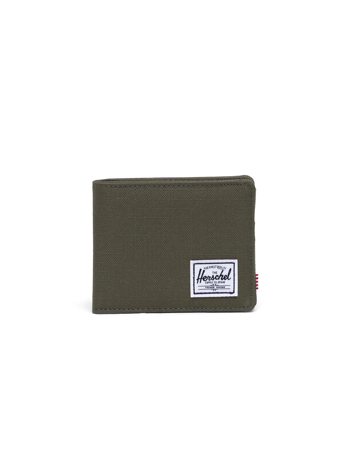 The Herschel Roy Classic Folded Wallet, shown closed against a white background, features green canvas, several card slots, and a white rectangular Herschel label on the front.