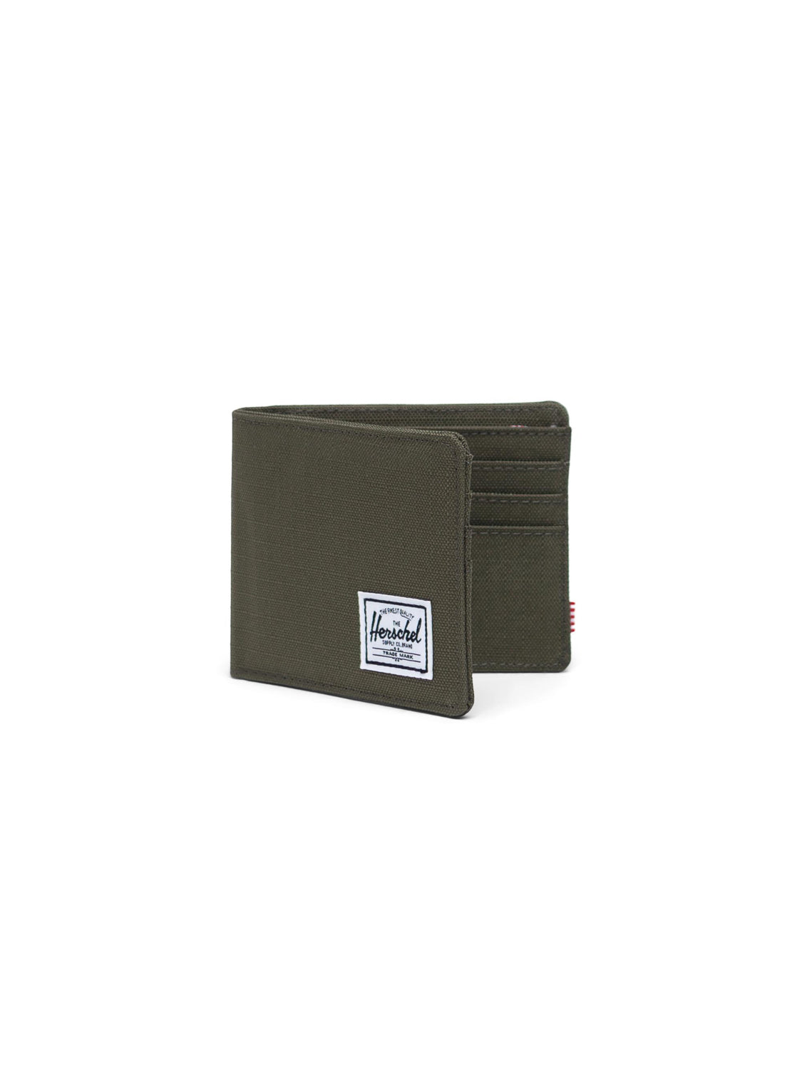 The Herschel Roy Classic Folded Wallet in minimalist olive green features a white rectangular brand logo patch on the front and includes multiple card slots inside.