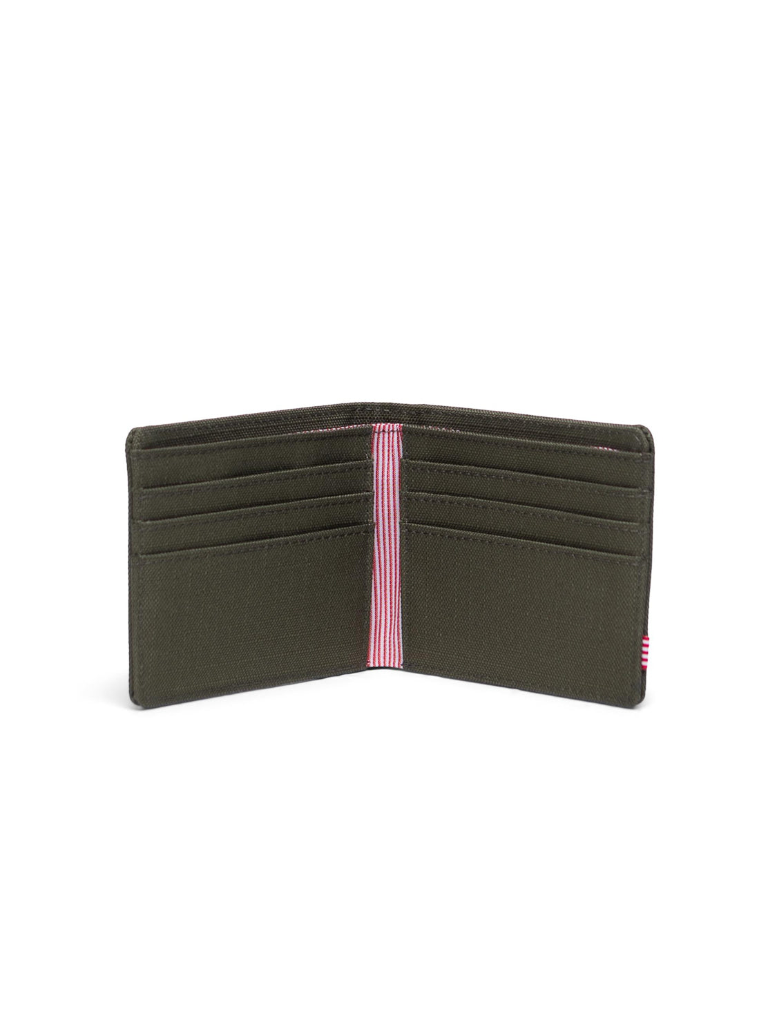 The Herschel Roy Classic Folded Wallet in dark green features multiple card slots and a central red-and-white striped accent.
