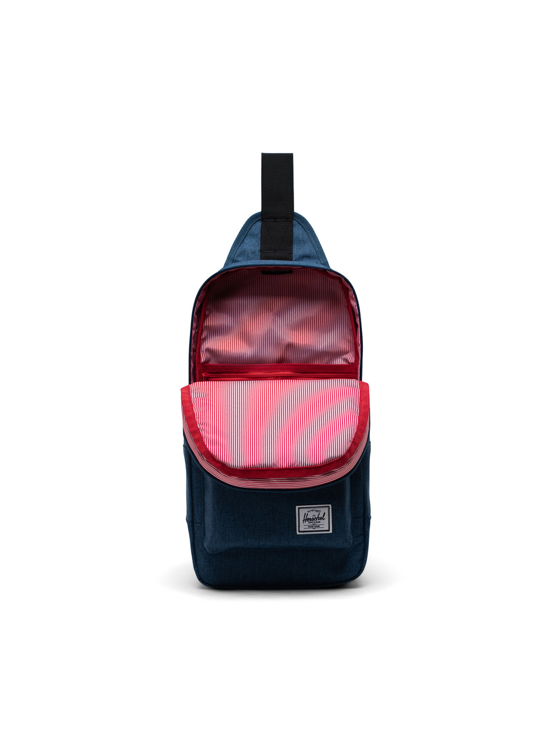 A navy blue Herschel Heritage Shoulder Bag with a front label, black top loop, and an open red and white striped interior lining.