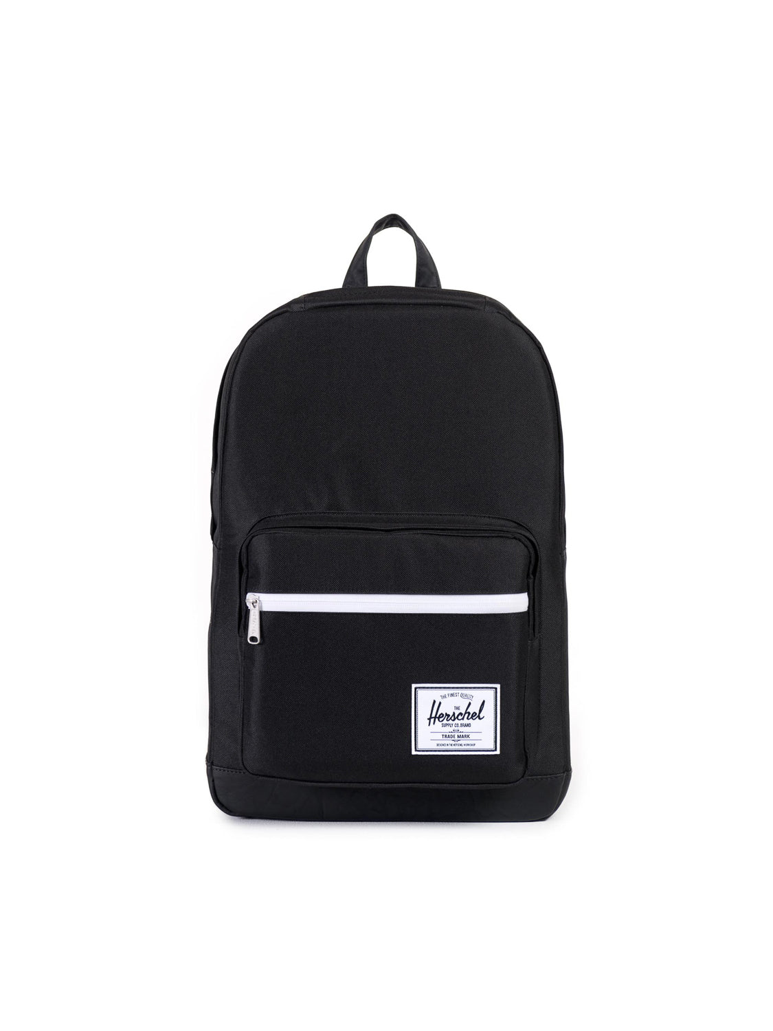 The Herschel Pop Quiz Backpack in black features a front zip pocket, white zipper, white logo patch, and a laptop sleeve. With its minimalist design, it’s ideal for daily commutes.