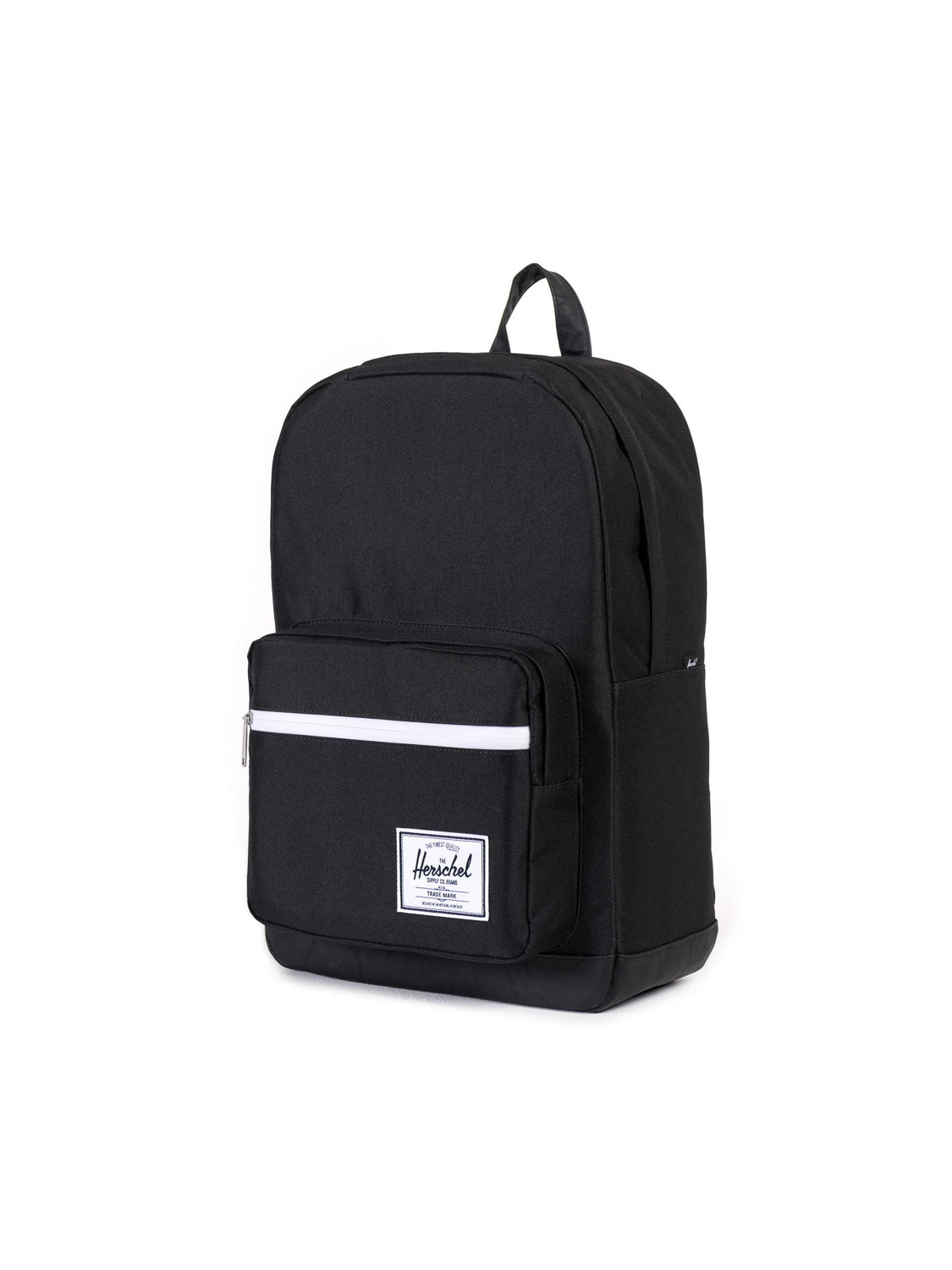 The Herschel Pop Quiz Backpack in black features a laptop sleeve, front zip pocket with white accent zipper, top handle, and a white Herschel label on the front pocket, ideal for daily commutes, shown on a plain white background.