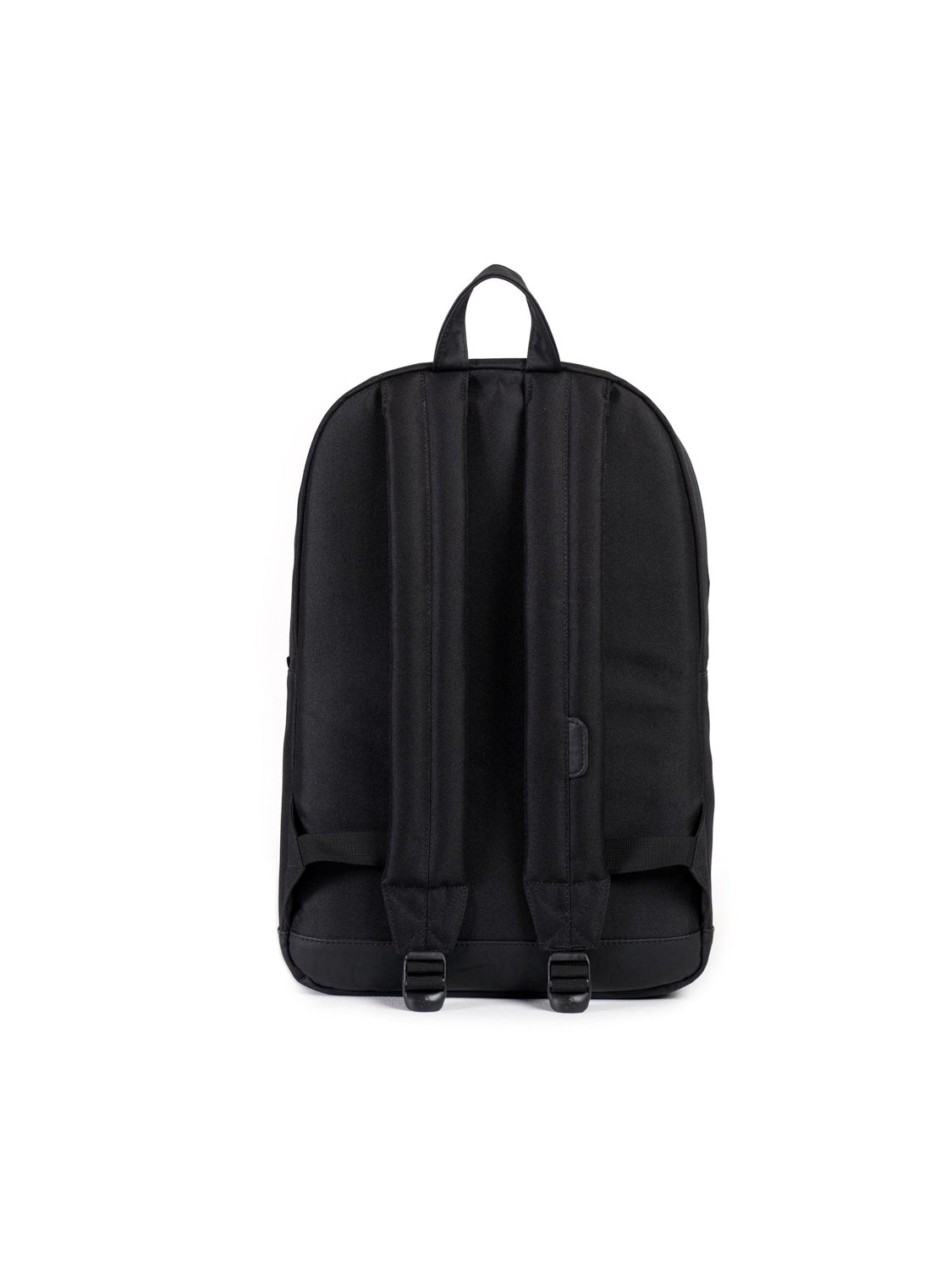 The Herschel Pop Quiz Backpack is shown from the back against a white background, highlighting its padded shoulder straps, top handle, adjustable buckles, and built-in laptop sleeve—ideal for daily commutes.