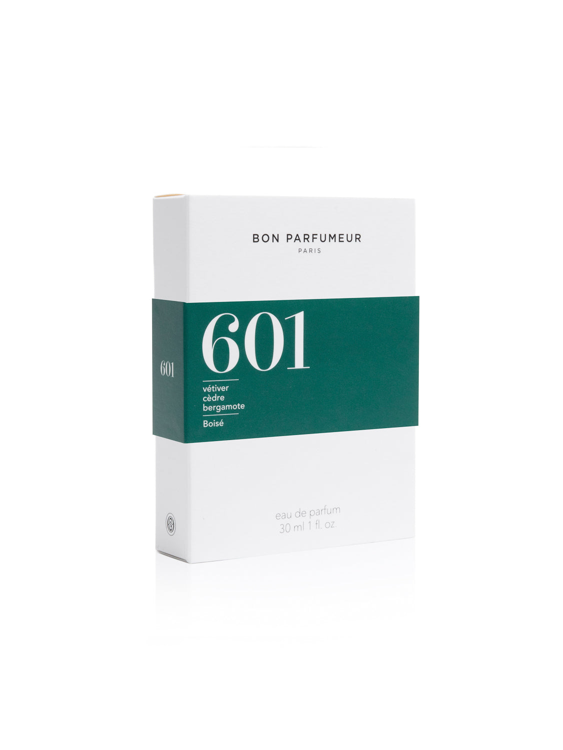 A white rectangular box labeled Bon Parfumeur - 601, featuring vetiver, bergamot, boisée in green. This exquisite 30 ml eau de parfum is made in France and proudly cruelty-free.