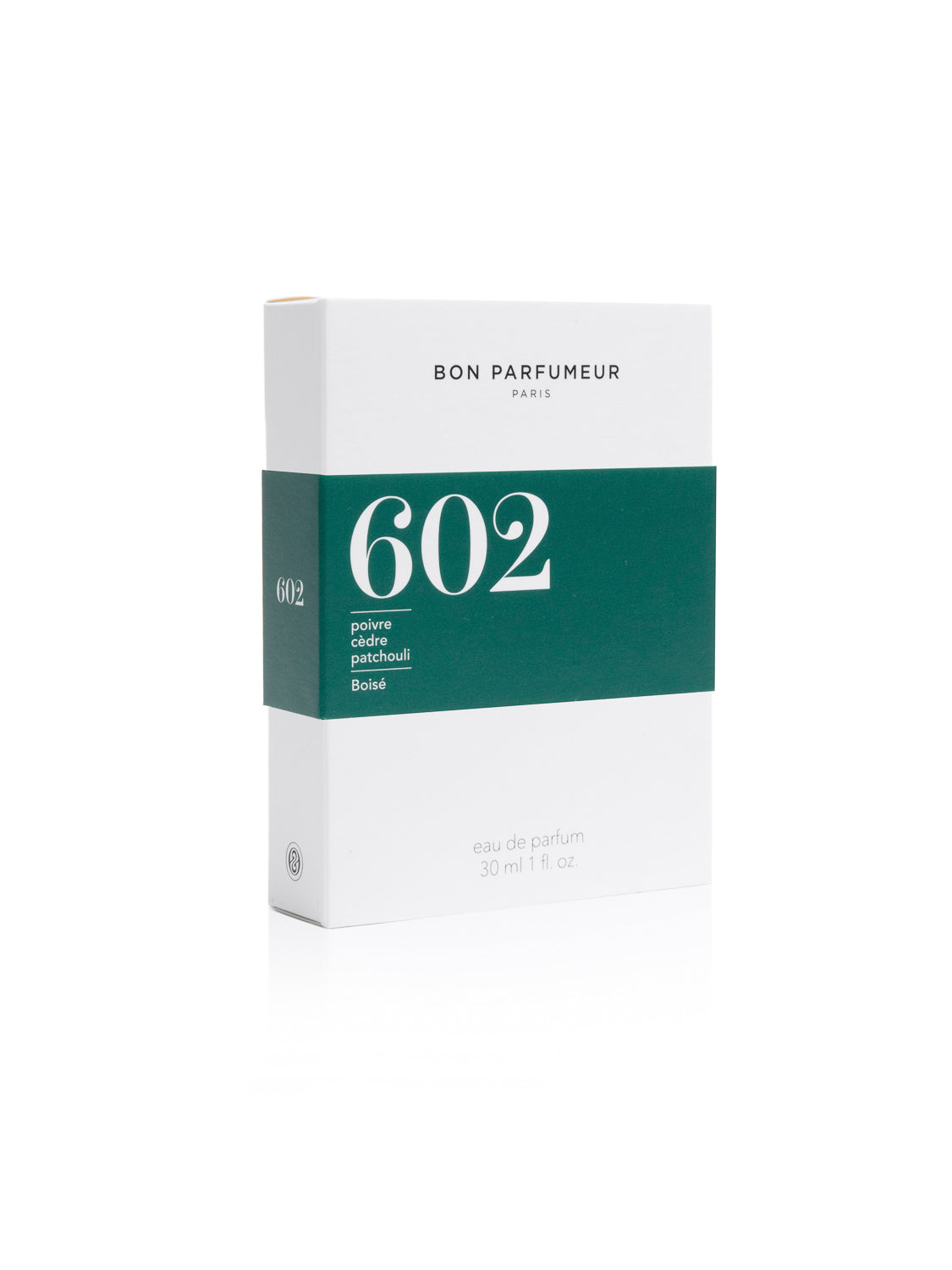The Bon Parfumeur - 602 eau de parfum, in a chic white and green box with bold text, features woody notes of pebble, cedar, patchouli, and Boisé. This 30 ml cruelty-free fragrance offers a spicy fougère aroma.