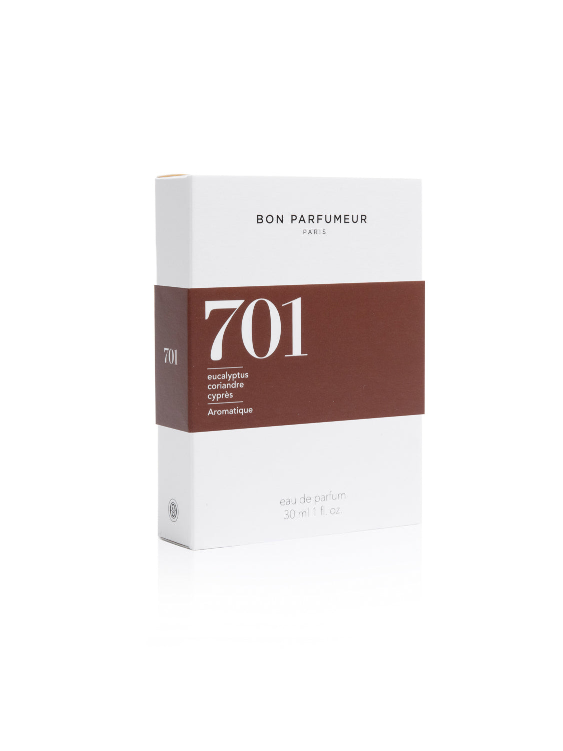 A white box with a brown band showcases 701 Bon Parfumeur Paris. Below, it reads: eucalyptus, cyprès, aromatique—eau de parfum 30 ml 1 fl. oz. Discover this elegant, cruelty-free fragrance made in France by Bon Parfumeur.
