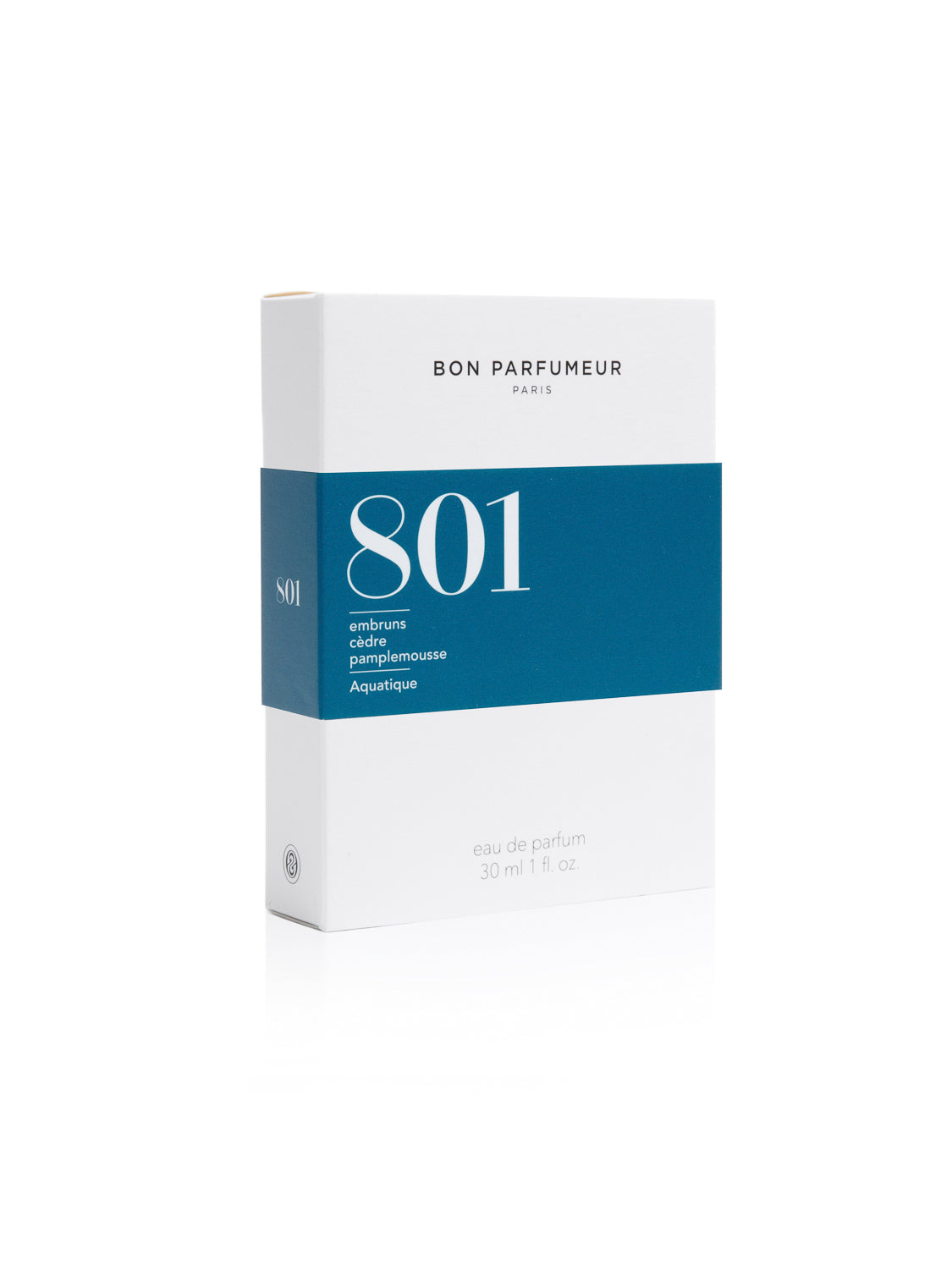 The Bon Parfumeur 801 fragrance, in a white and teal box labeled empruns cèdre pamplemousse aquatique, is a 30 ml cruelty-free eau de parfum. With its minimalistic design and elegant font, its perfect as a summer scent.