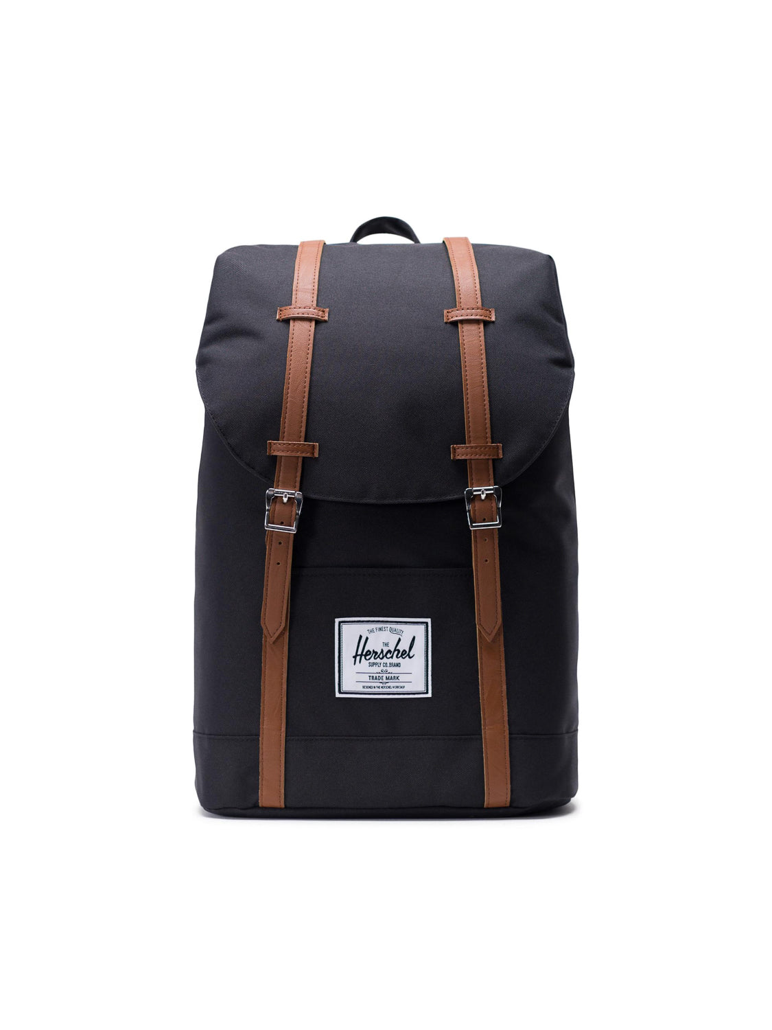 The Herschel Retreat Backpack is black with brown leather straps, a flap closure, and a white rectangular Herschel logo patch on the front. This stylish laptop sleeve backpack is shown on a white background.