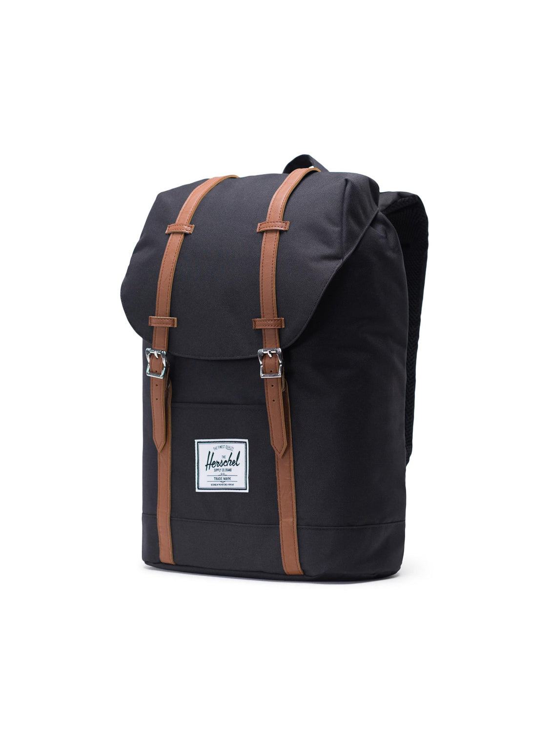 A black Herschel Retreat Backpack with brown leather straps, silver buckles, and a white rectangular Herschel logo patch on the front, shown against a white background.