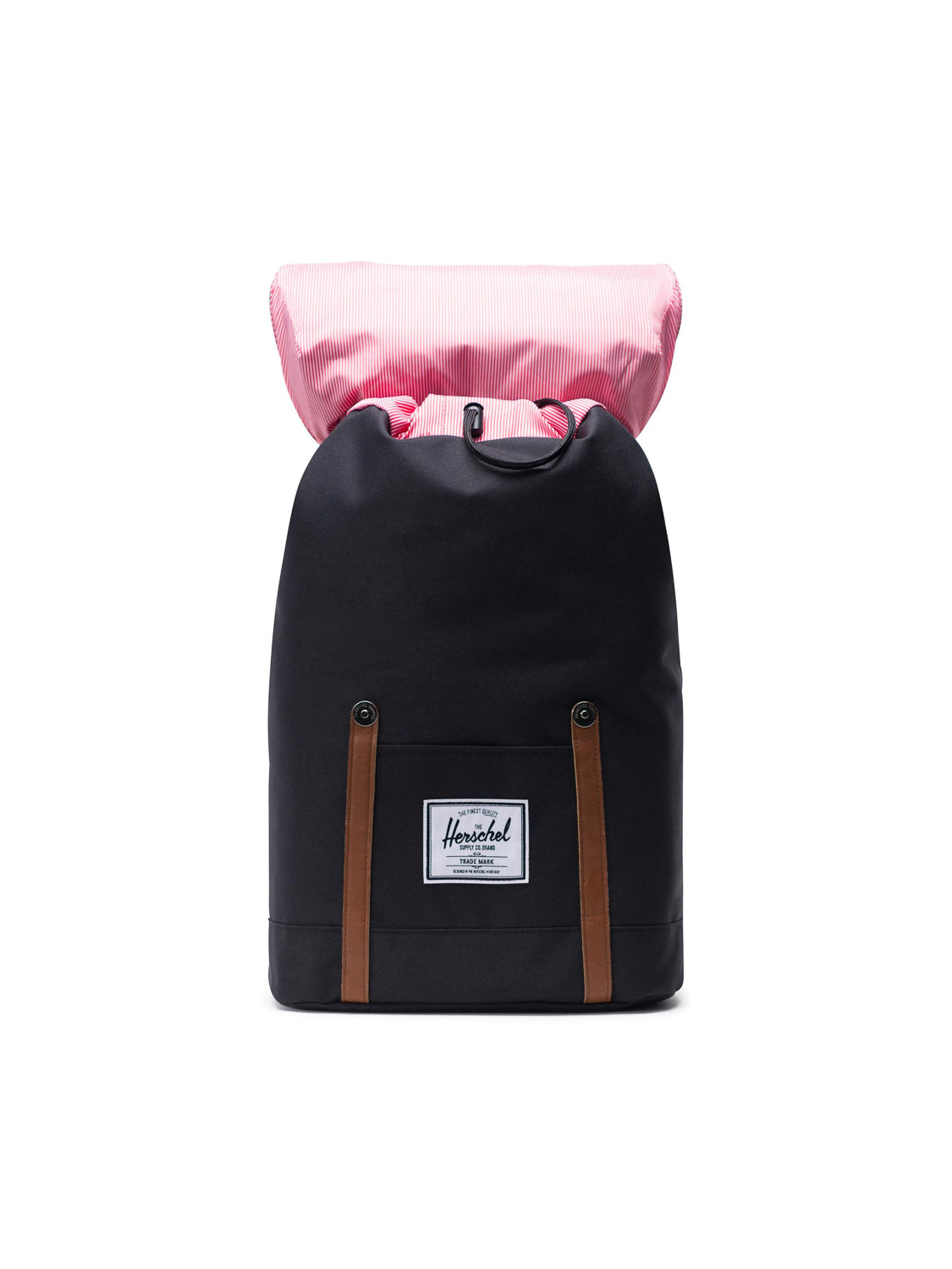 The black Herschel Retreat Backpack features brown straps, a white Herschel label on the front, and a pink-and-white striped interior lining visible at the top.