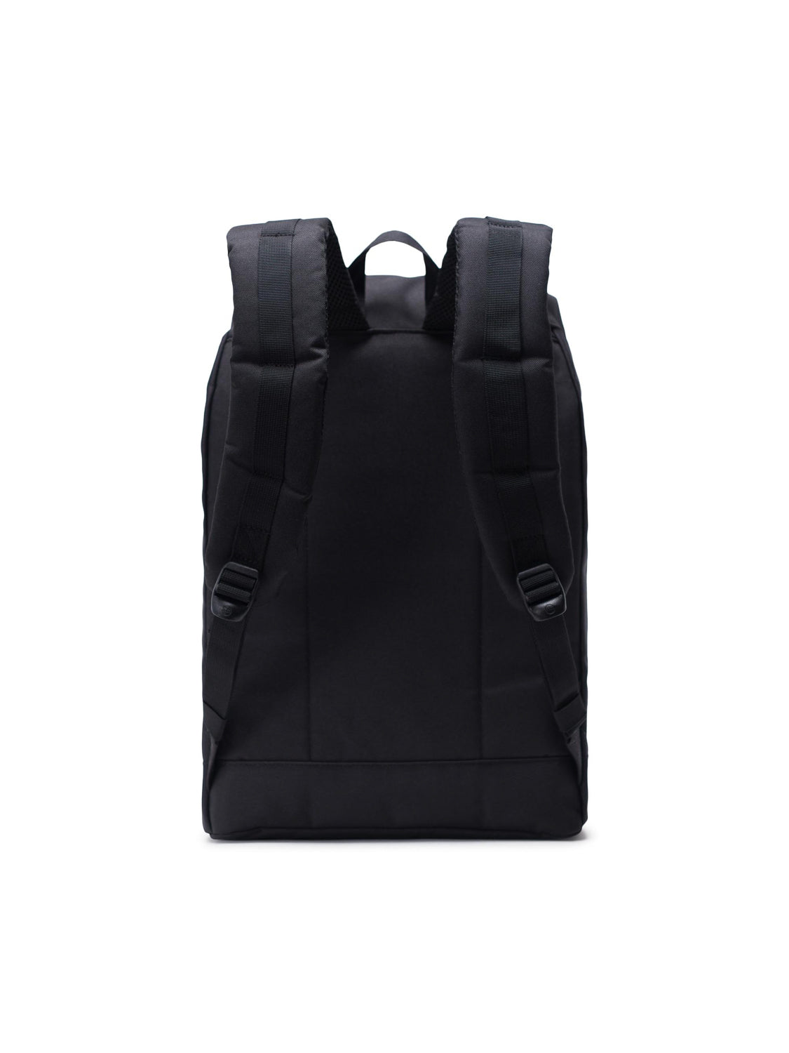 The Herschel Retreat Backpack is shown from the back in black, with two padded shoulder straps and a top handle, set against a plain white background.