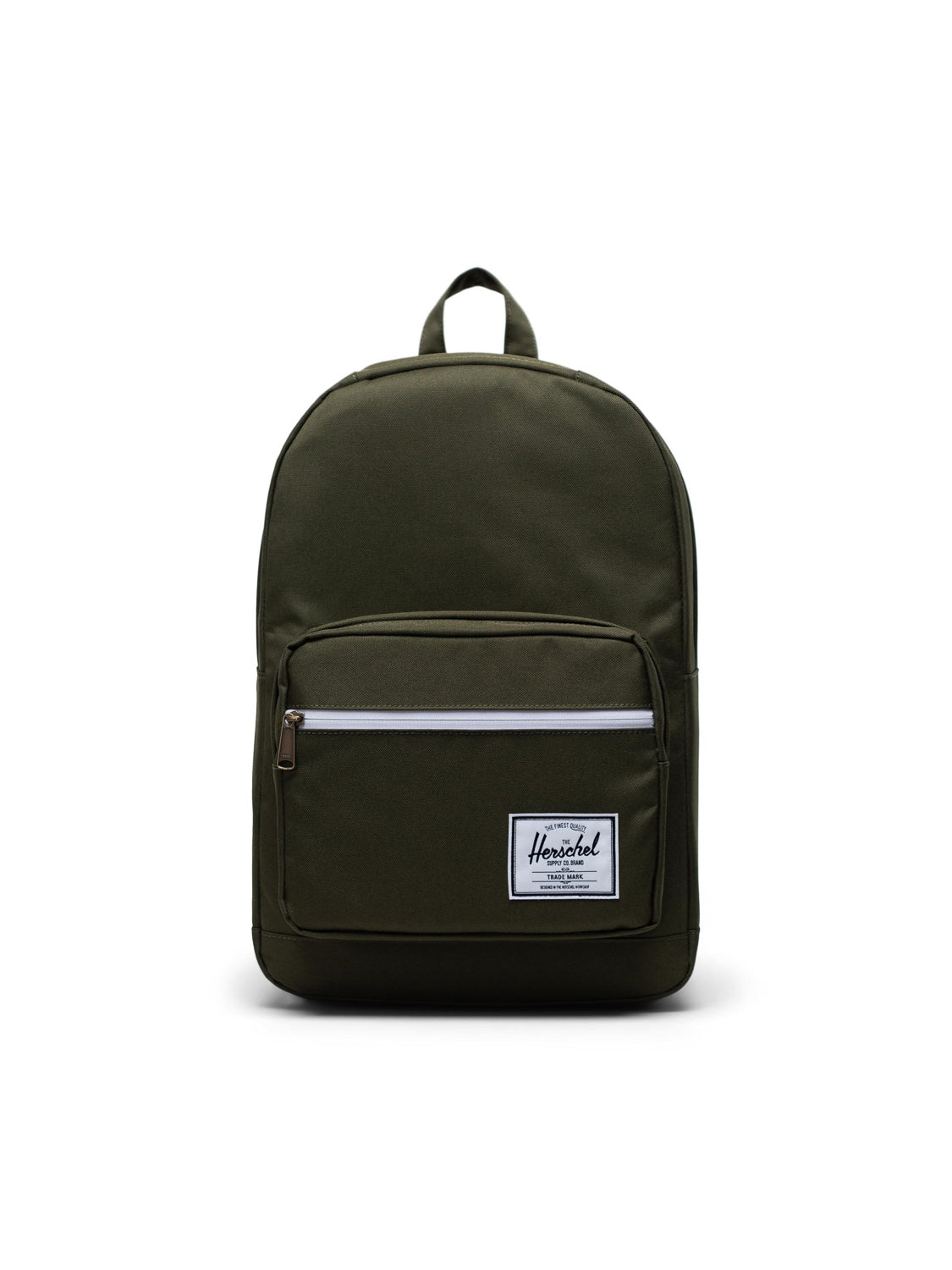 The khaki green Herschel Pop Quiz Backpack features a front zip pocket, white zipper, and brand patch, plus a laptop sleeve—ideal for daily commutes—shown on a plain white background.