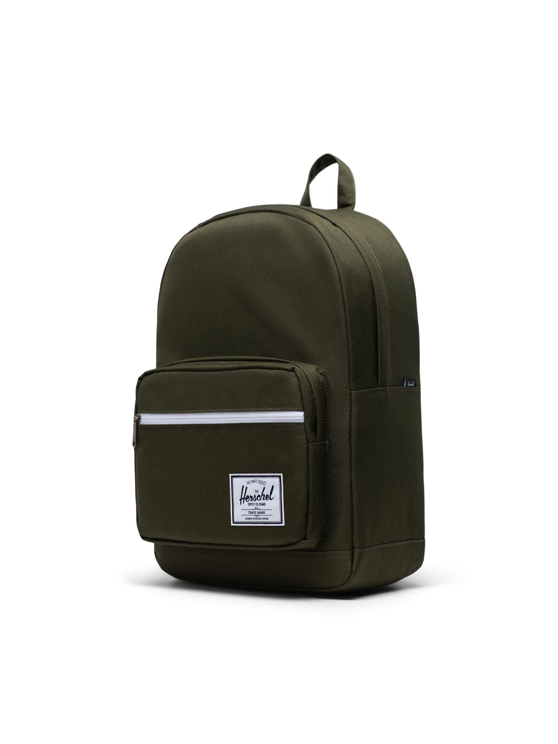 The Herschel Pop Quiz Backpack in dark green features a front zip pocket, white zipper accents, top handle, laptop sleeve, and branded logo label, making it perfect for daily commutes. Shown on a white background.