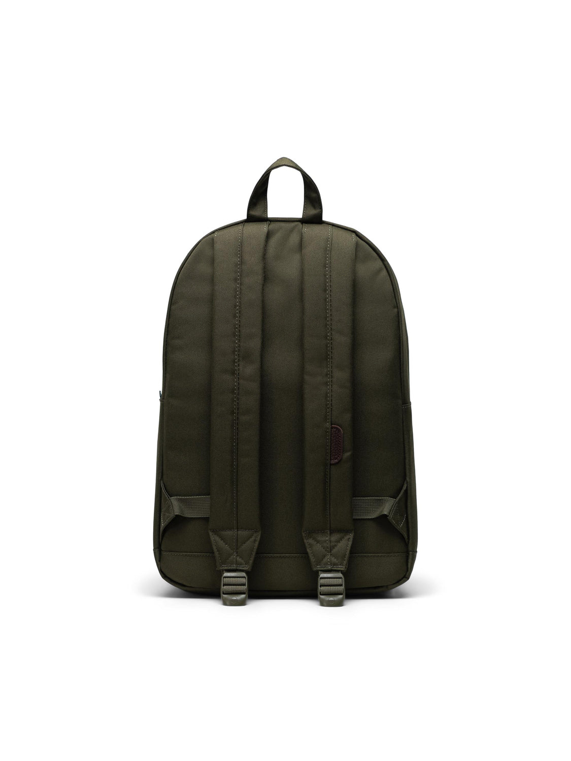 The Herschel Pop Quiz Backpack in dark green is shown from the back, highlighting two adjustable shoulder straps, a top handle, and a laptop sleeve—ideal for daily commutes—set against a white background.