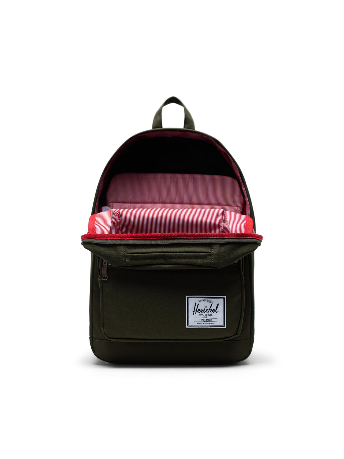 The Herschel Pop Quiz Backpack in green features a front zipper pocket, white logo patch, red and white striped lining, padded laptop sleeve, sturdy top handle, and is perfect for daily commutes. Shown open.