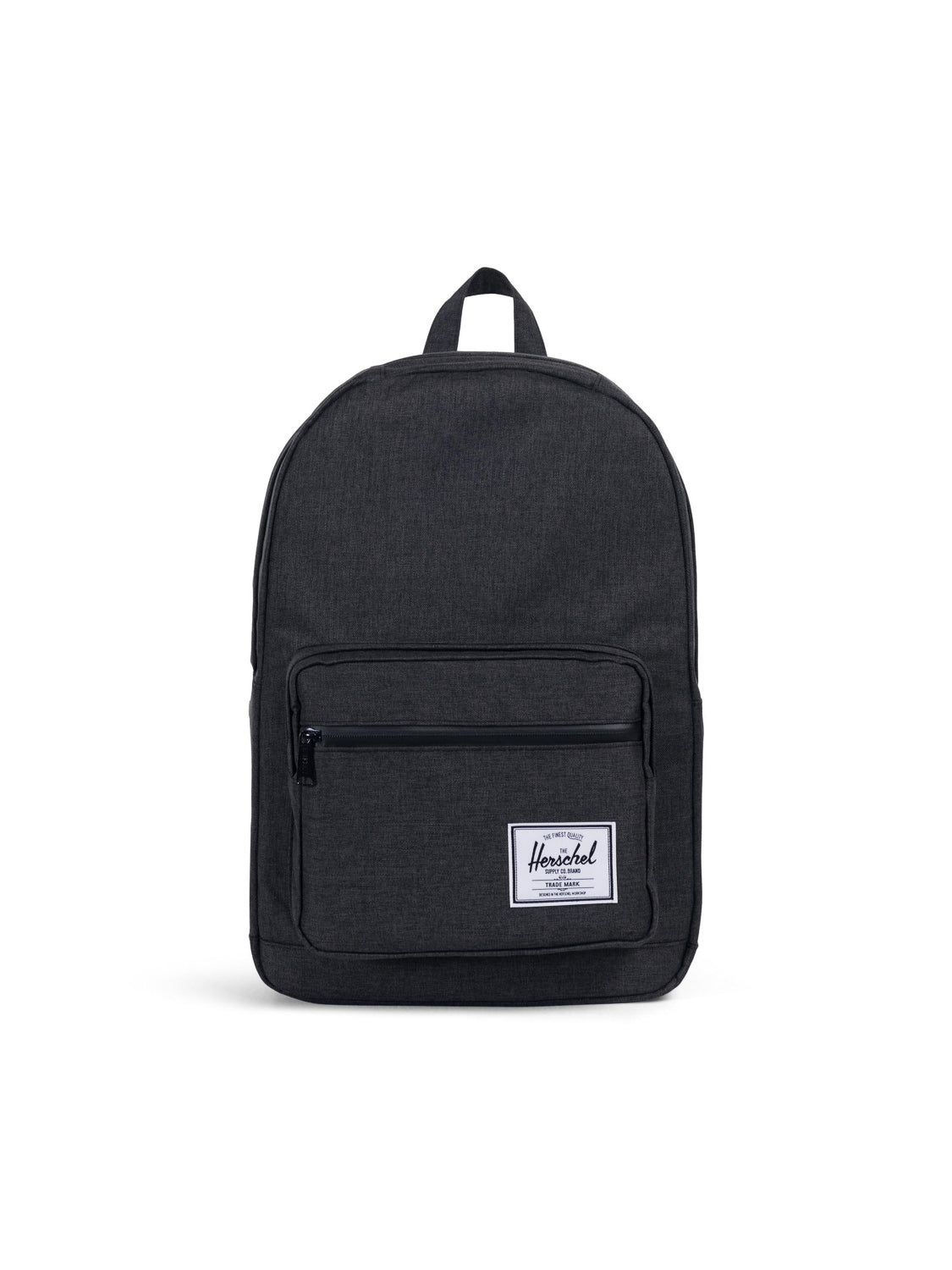 The Herschel Pop Quiz Backpack has a front zip pocket, signature rectangular label, and padded laptop sleeve for daily commutes, shown on a white background.