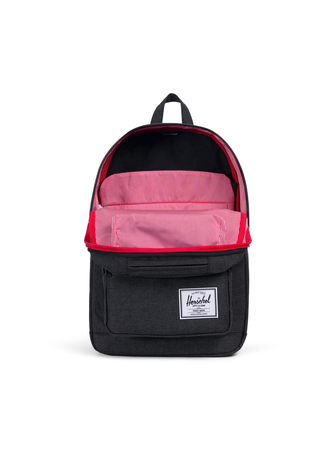 The Herschel Pop Quiz Backpack in black features a white front label, a red and white striped interior with multiple compartments, and a padded laptop sleeve—ideal for daily commutes.