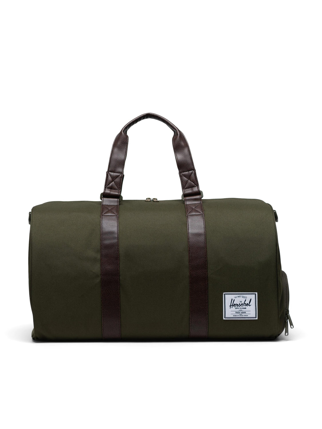 The Herschel Novel Weekender Duffle Bag in green features dark brown handles and straps, a white rectangular logo patch on the front lower right corner, and a shoe compartment for organized travel.