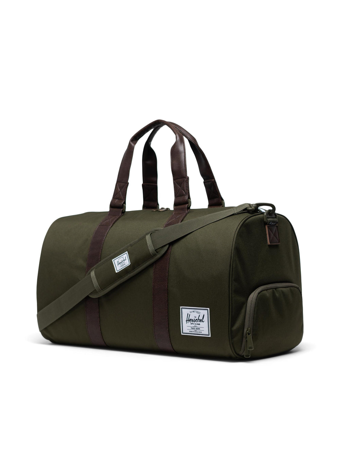 The Herschel Novel Weekender Duffle Bag in green features dark brown straps and handles, a white logo patch, an adjustable shoulder strap, and a handy shoe compartment—ideal for stylish weekend travel.