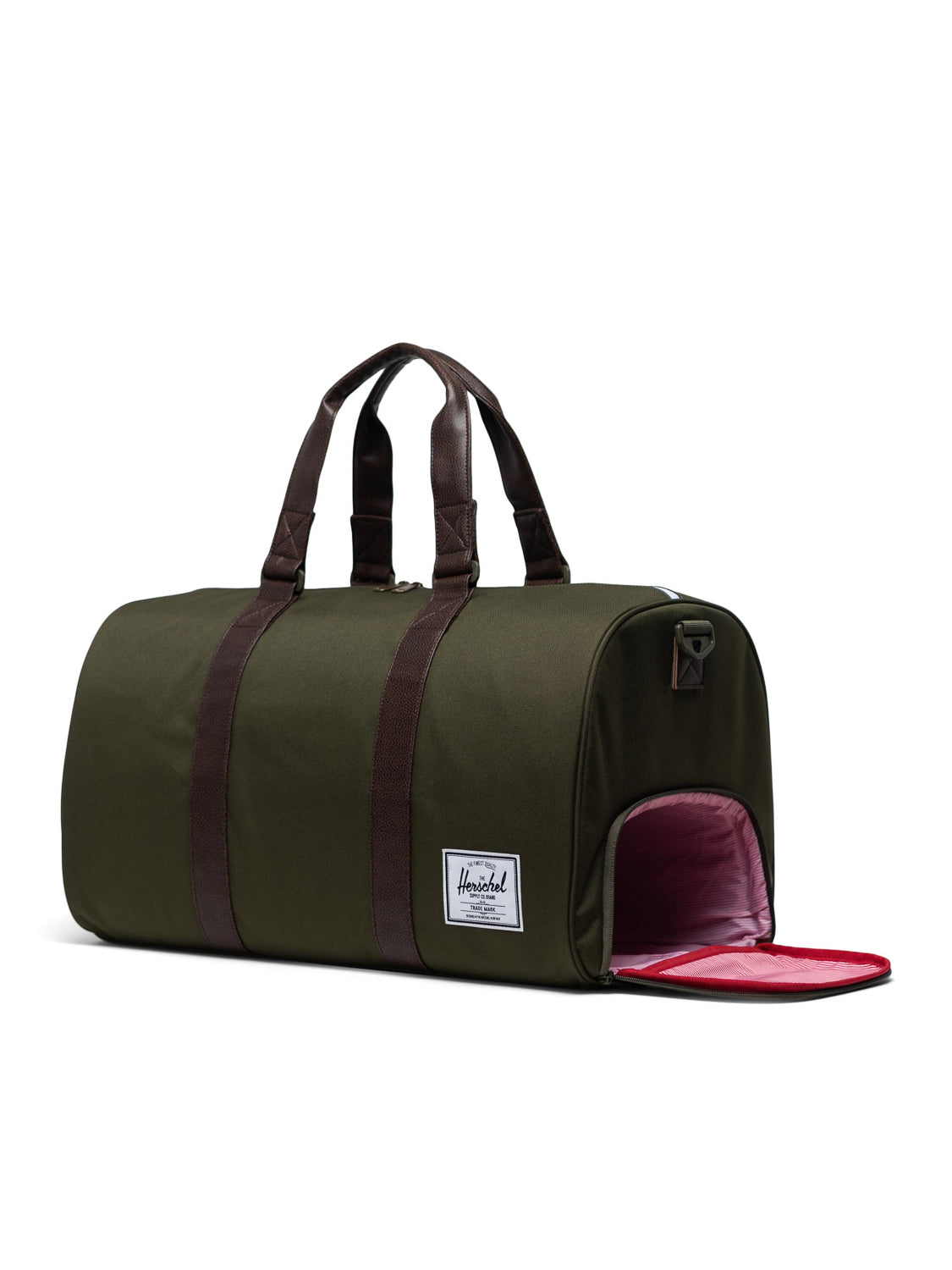 The Herschel Novel Weekender Duffle Bag features a dark green exterior, brown handles, a small white label, and a side shoe compartment with a pink interior—combining style and function for your next getaway.