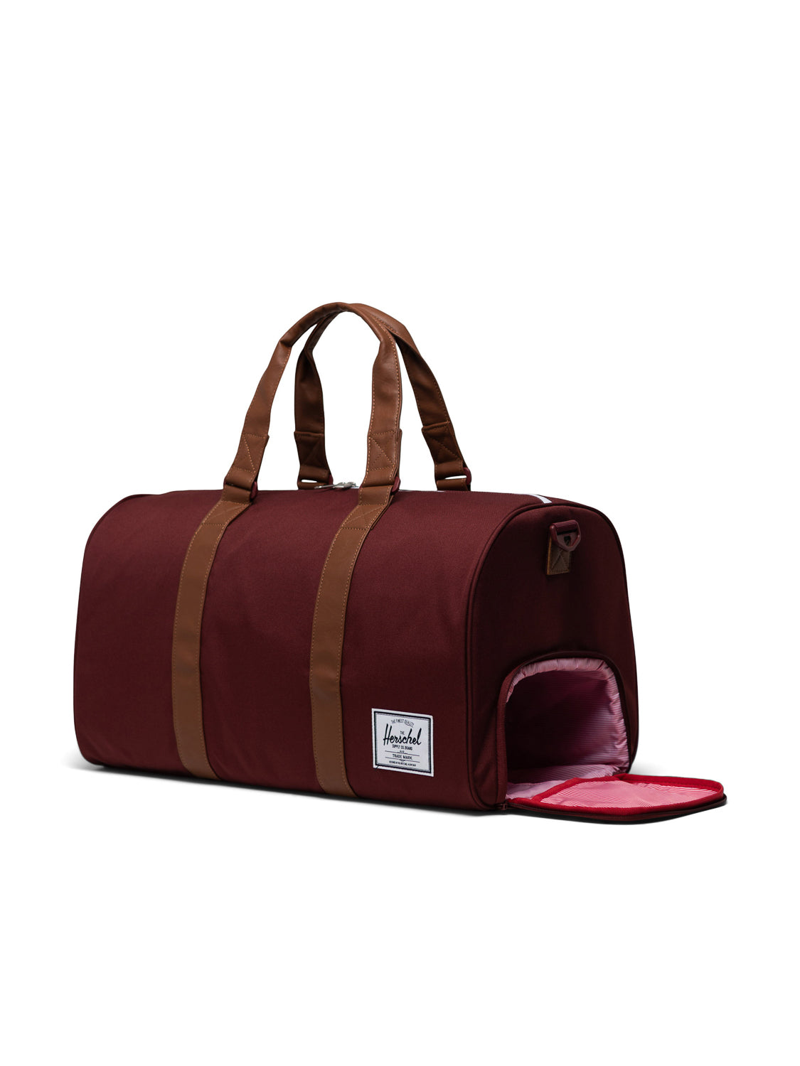 The Herschel Novel Weekender Duffle Bag in maroon features tan handles, a pink-lined shoe compartment with an open flap, and the signature white Herschel Supply patch logo on the front.